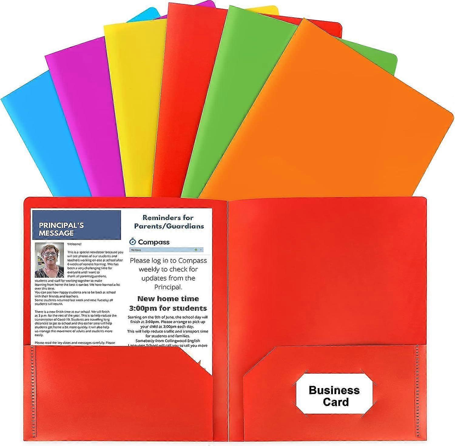 Plastic Folders with Pockets, 6 Color Heavy Duty Two Pocket Folder Business Card Holder for Office High School