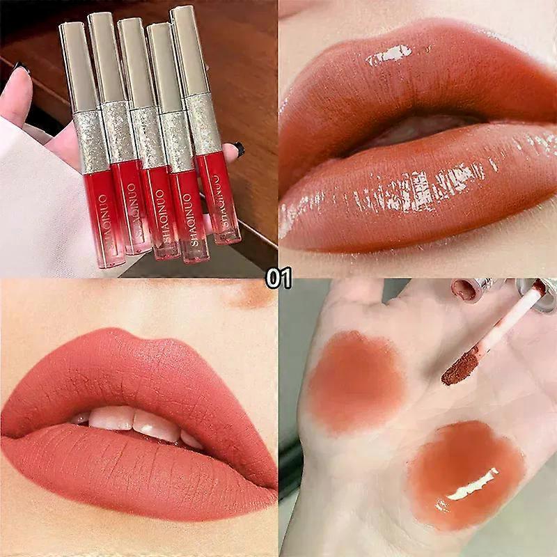 Dダブルヘッドリップグレーズレッドフェスティブデザインマット&グルーシー2 in 1、バレンタインデーのデコレーションに最適