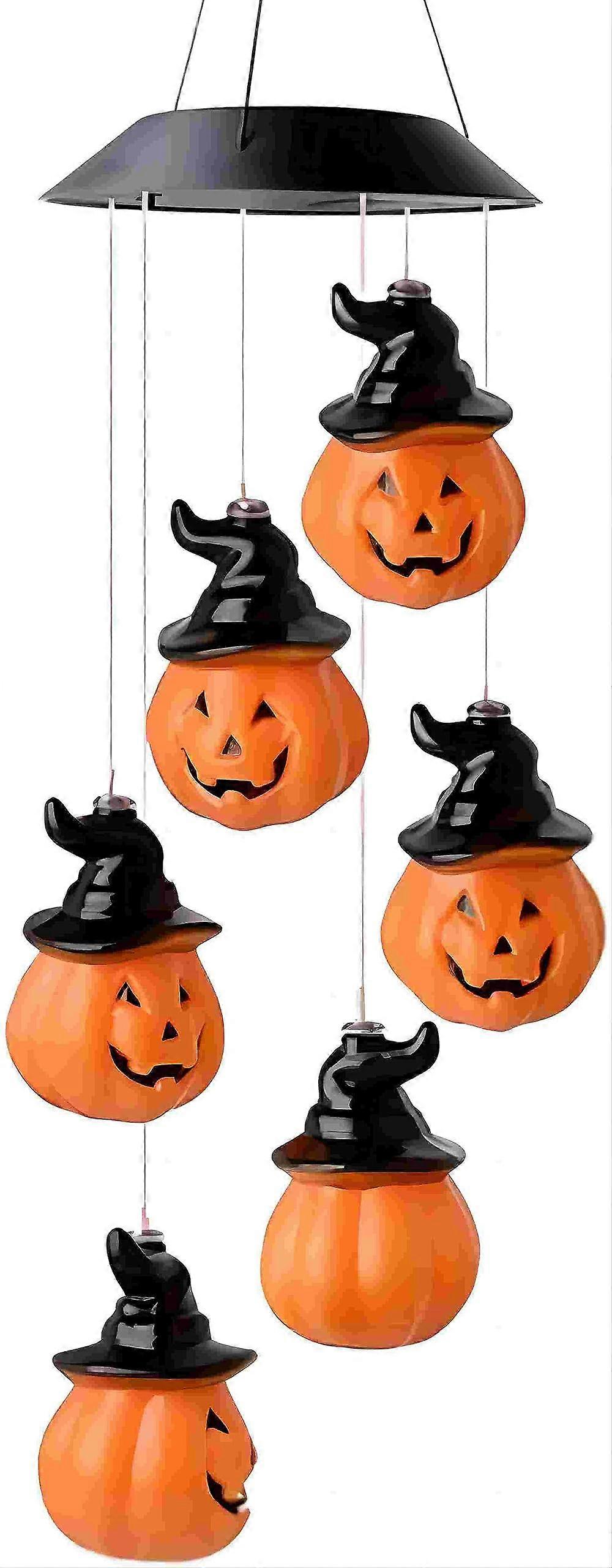 Halloween Pumpkin Solar Powered Wind Chimes with 6 Color Changing Lights for Outdoor Garden Decor