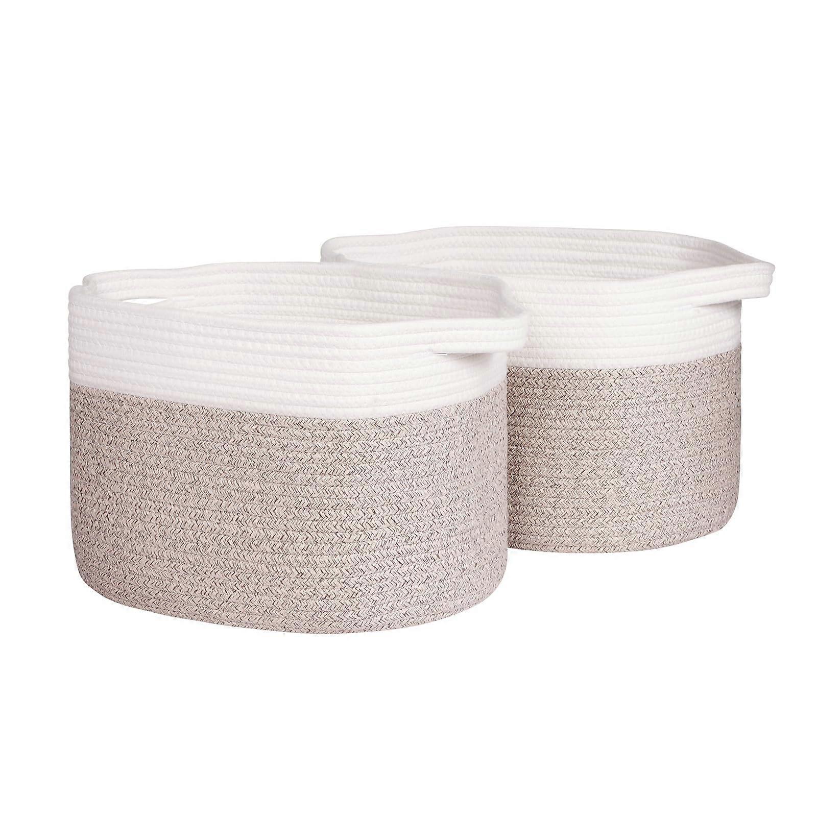 Woven Storage Baskets, 15"×11"×10" Square Rope Organizing Bin, White and Brown Decorative Cube Baskets, 2 Pack for Baby Nursery and Shelves