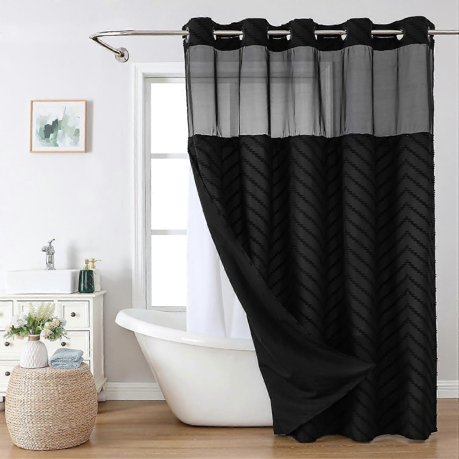 No Hook Tufted Chevron Striped Shower Curtain SnapIn FabricLiner Set 71x74 Black Boho Style See Through Water Repellent