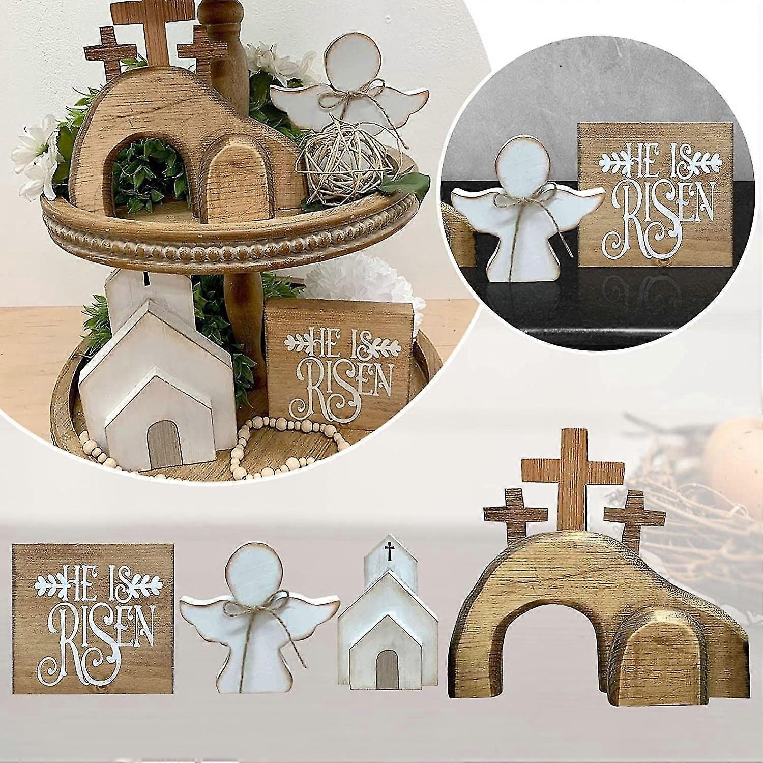 Jesus Tomb Easter Tray Bundle Kit Tiered Tray Decor, Wooden Easter Jesus Sign Rustic Tiered Tray Decorations