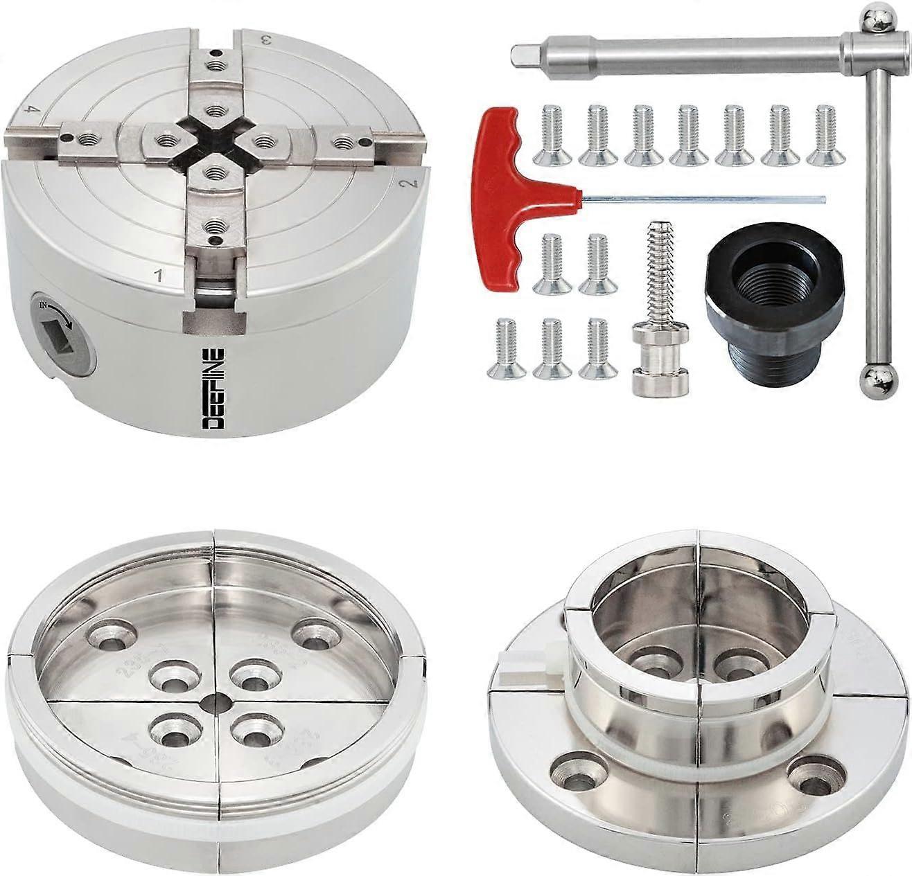 4 Inch Wood Lathe Chuck Set 1" x 8 tpi Thread & 3/4" x16TPI Adapter, Nickel Plated Self Centering 4 Jaw Wood Turning Chuck Set