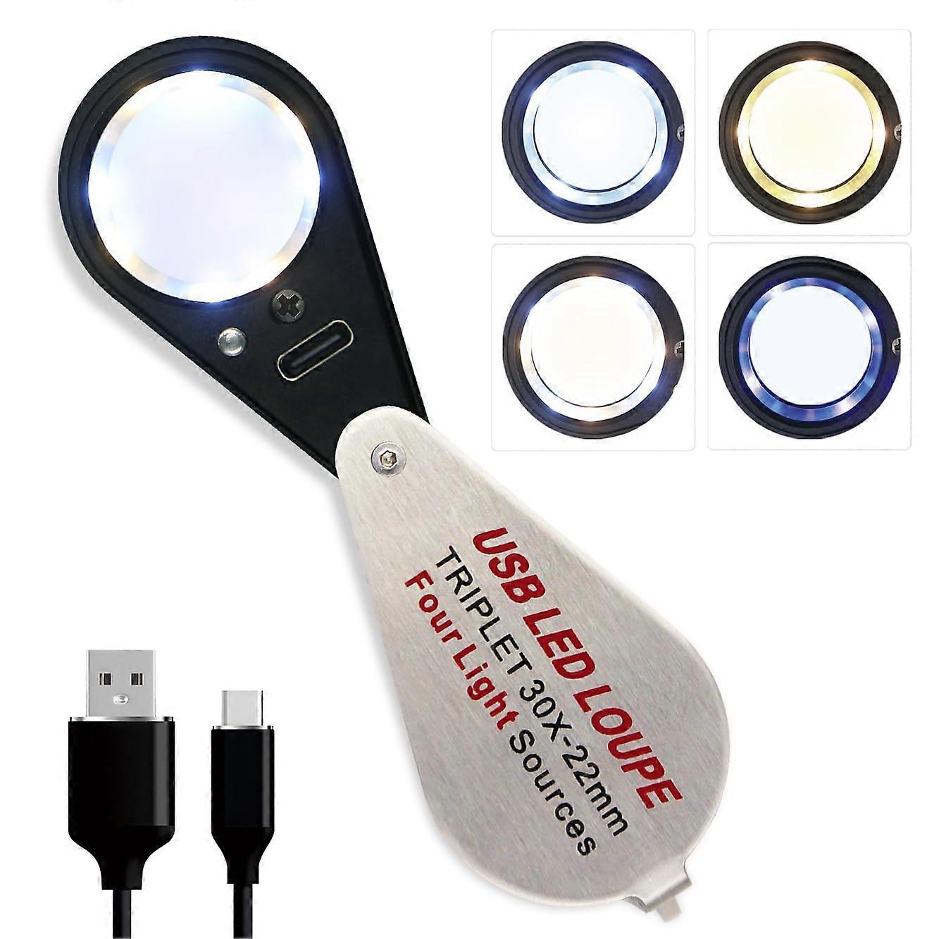 30X Jewelers Loupe Magnifier with UV LED Lights, USB Rechargeable, Foldable Eye Loop for Gems, Coins, Watches, Stamps