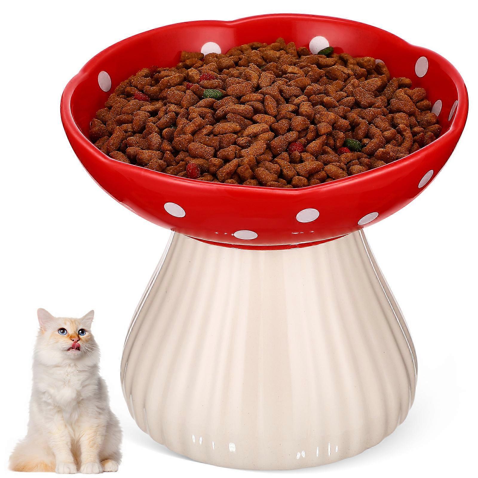 Ceramic Cat Feeding Bowl with Wide Design for Whisker Fatigue Relief, Stable, Easy to Clean, Mushroom Shaped Pet Food Holder for Stylish Feeding Space