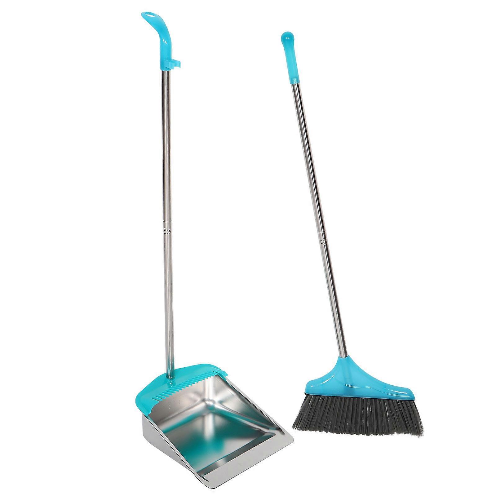 Standing Dustpan Commercial Dust Pan With Broom Kit For Home Cleaning Upright Stand Up Design Silver 1Set