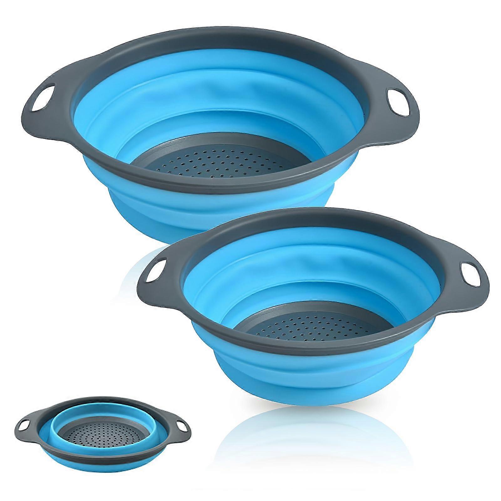Foldable Strainer Set, 2 Pack Silicone Colanders in Blue, 30 cm and 25 cm Kitchen Strainers with Handle for Pasta, Fruits, Vegetables