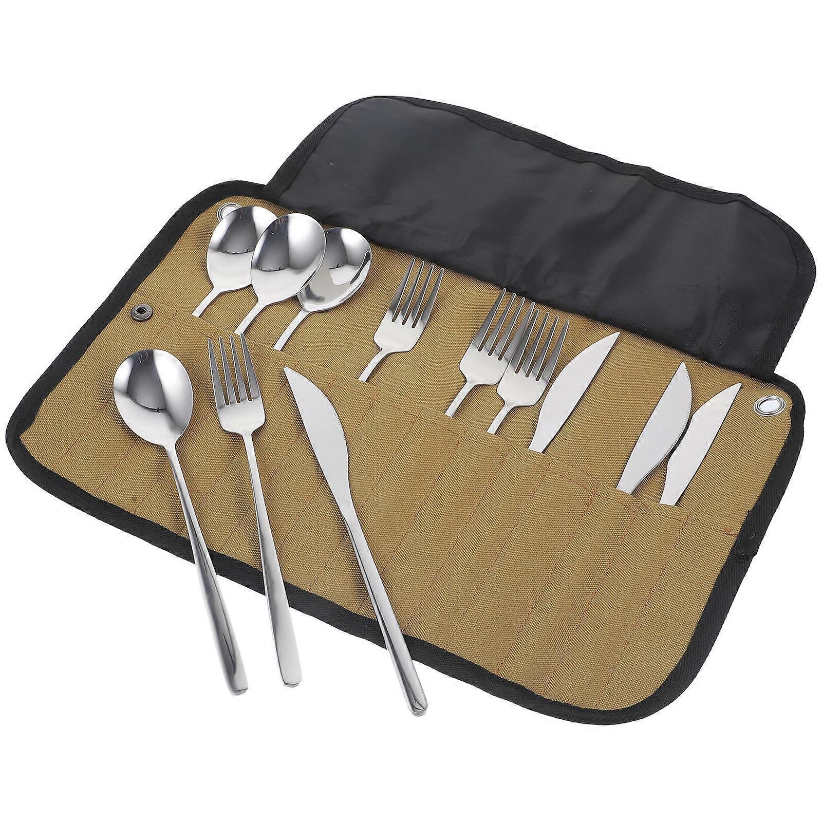 Portable Camping Cutlery Kit Tableware Set Picnic Silver 1Set Storage Organizer