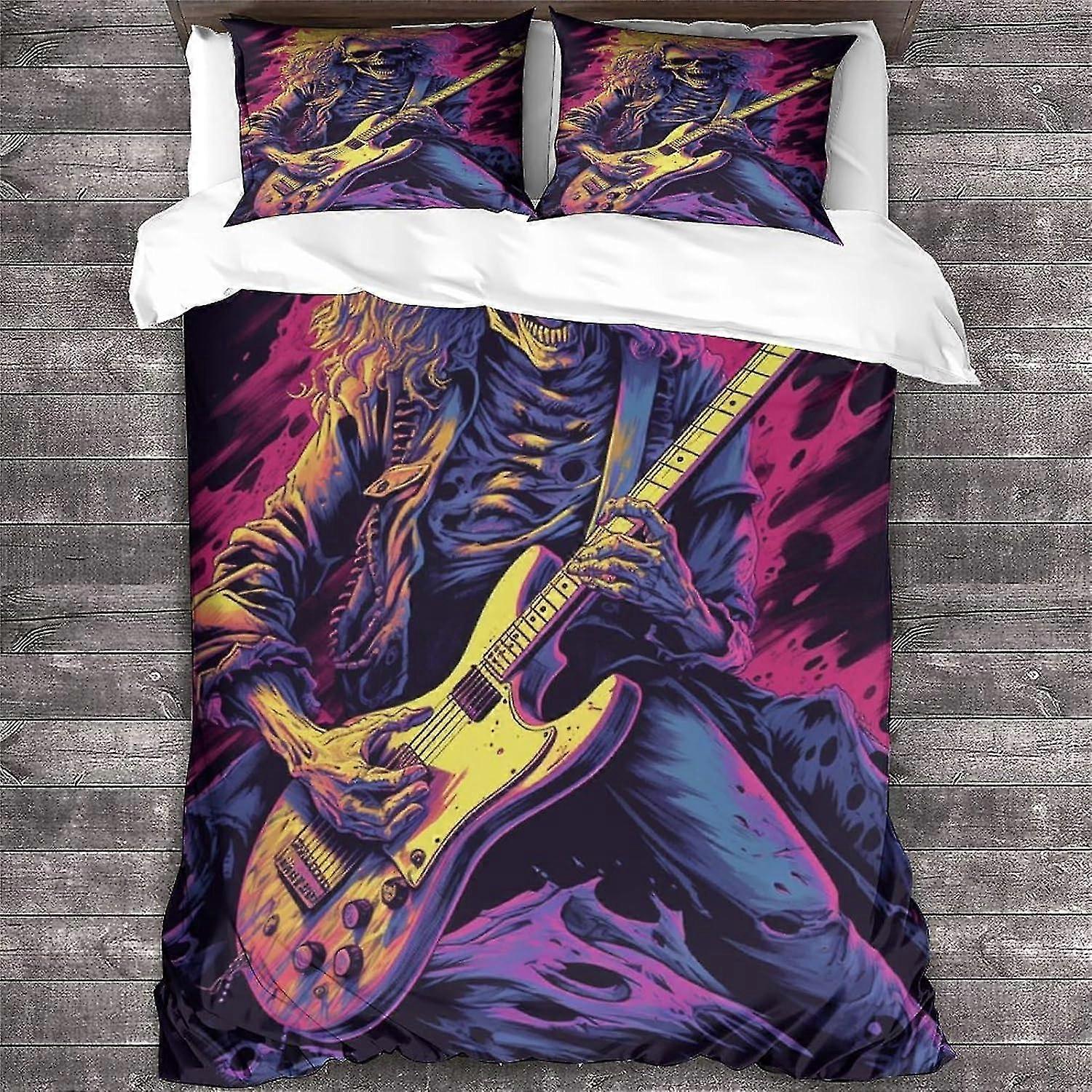 Metal Guitar Pattern Printed Bedding Set with Zipper Closure, Soft Microfiber Skull Design