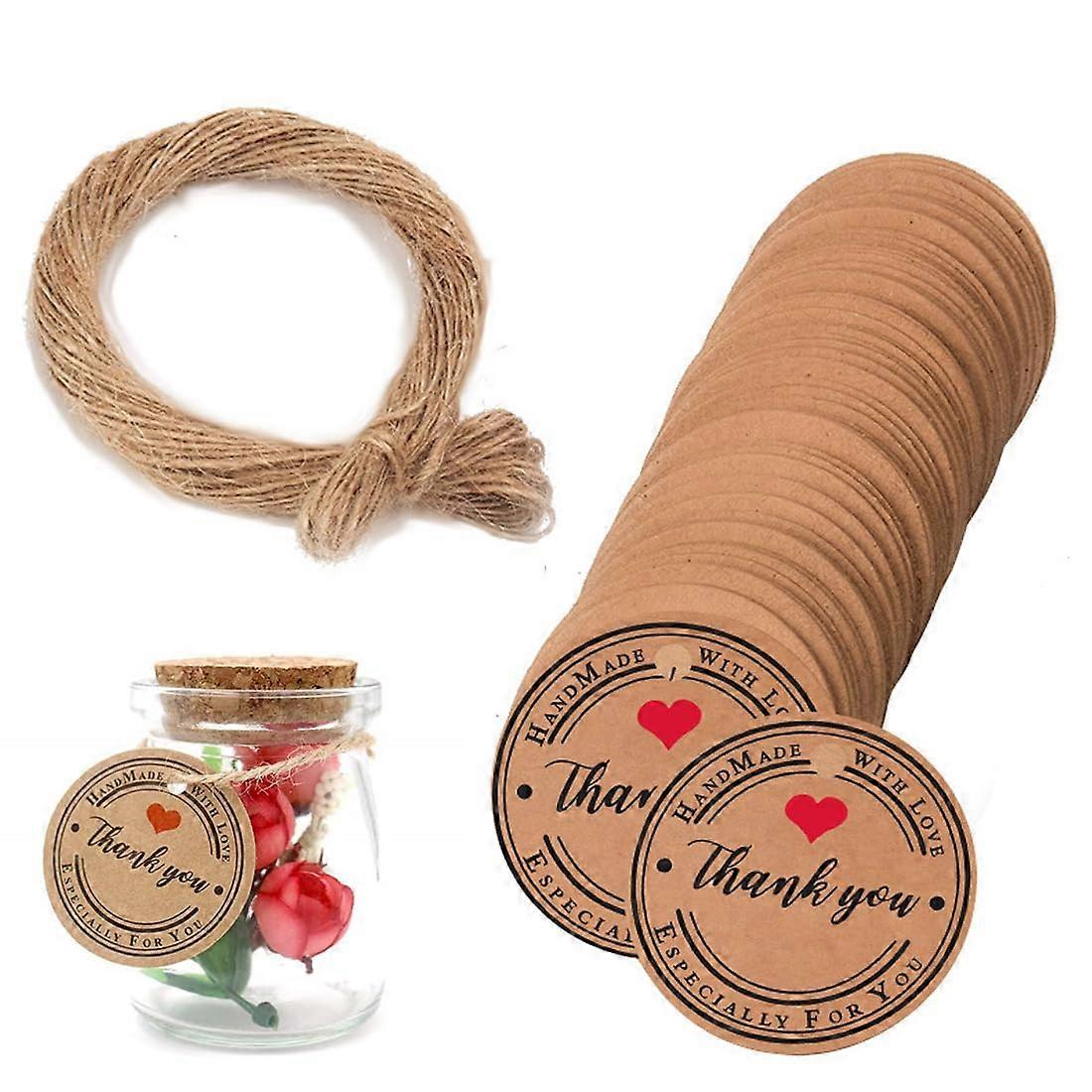 Thank You Stickers Gift Tags Kraft Paper Round 3 cm with Jute String Hangtag Labels