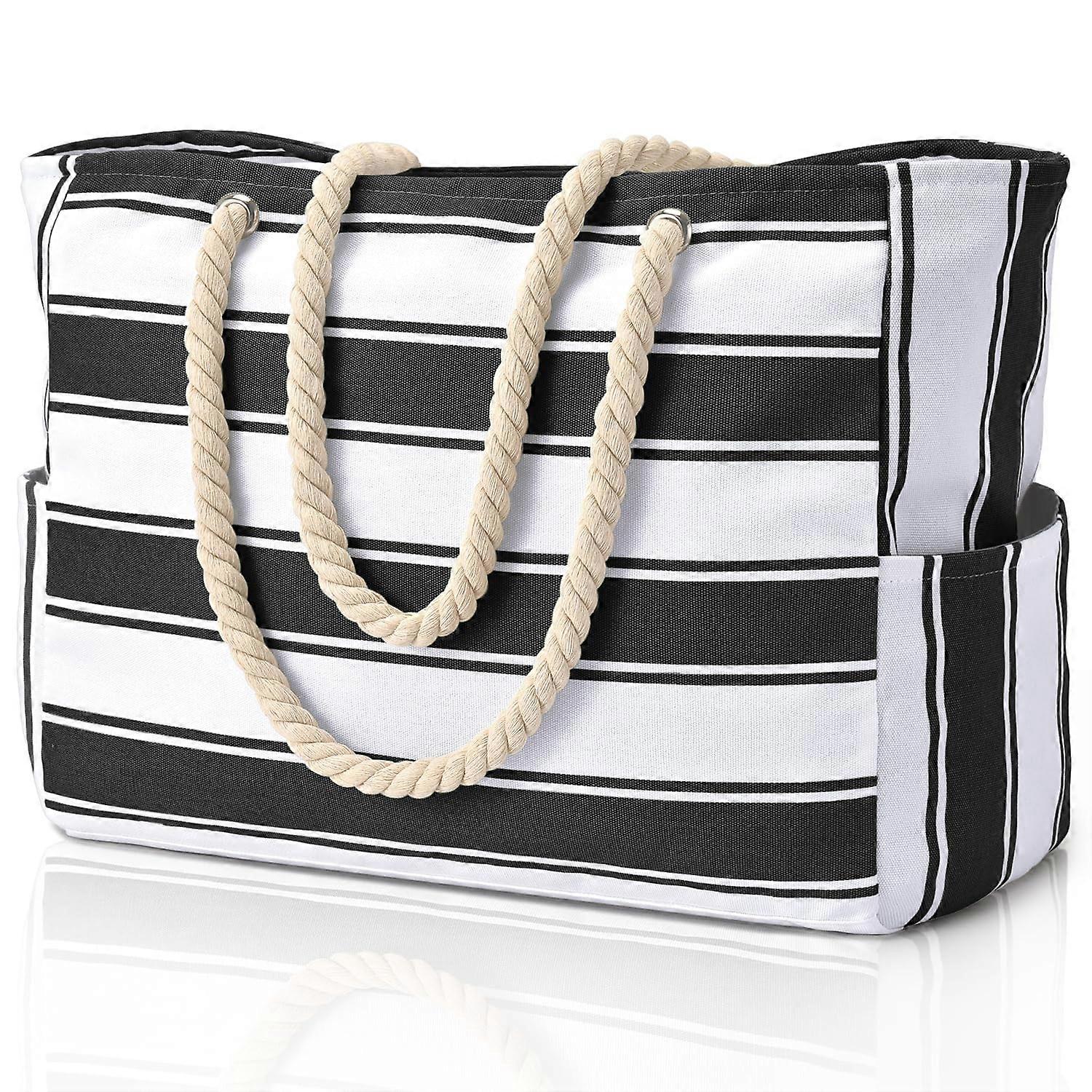 Beach Bag Large Waterproof Beach Tote With Zipper And Rope Handle For Travel Shopping Pool Gym Picnic Black Stripes
