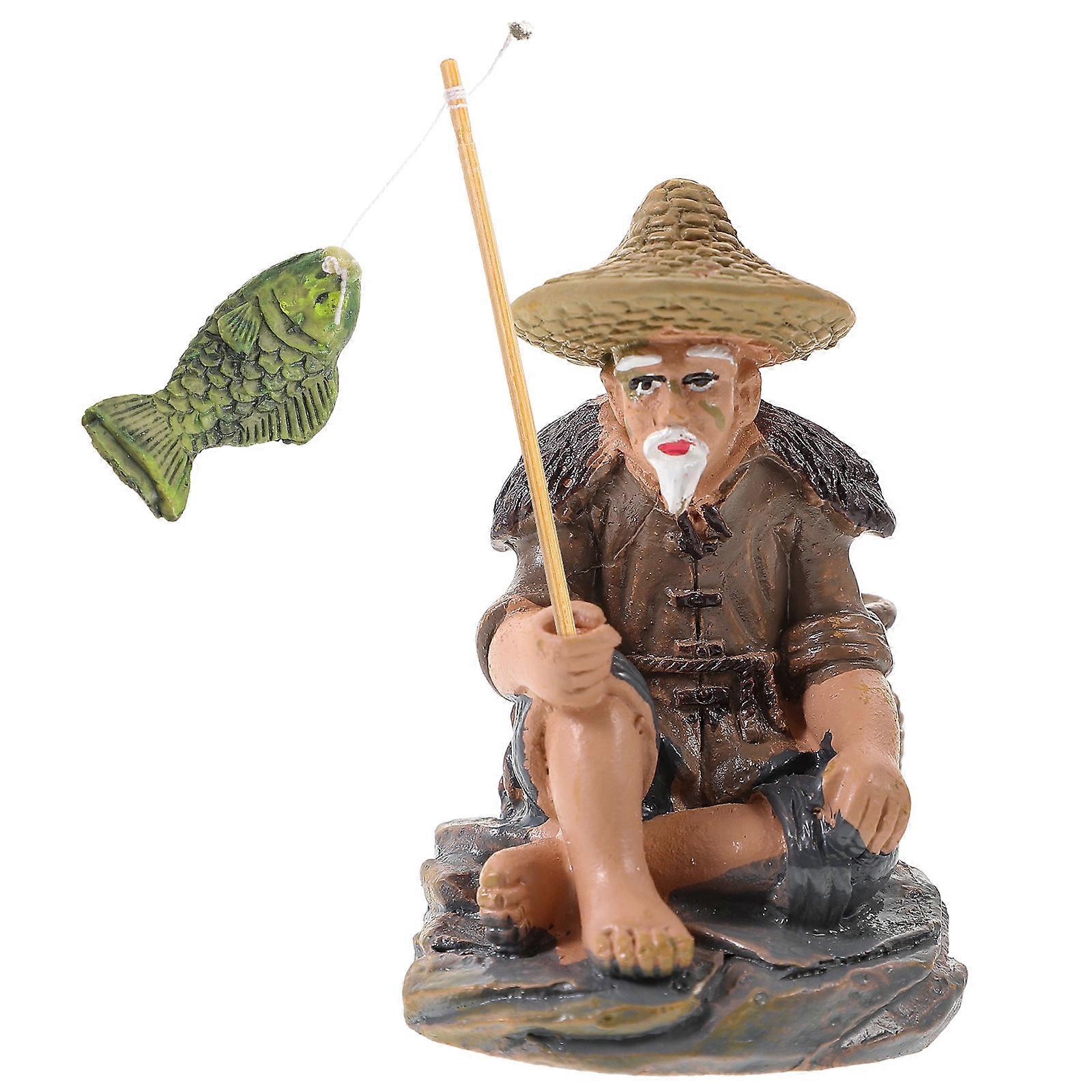 Lifelike Fisherman Figurine for Decor Made of Resin Multi Color Desktop Ornament 6 cm