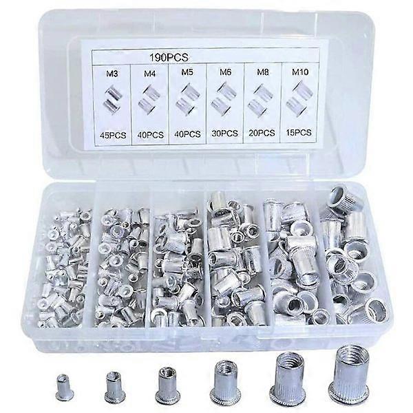 190 Pcs Flat Head Threaded Rivets, Flat Head Aluminum Rivet Nut, Blind Countersunk Nut, with Storage Box