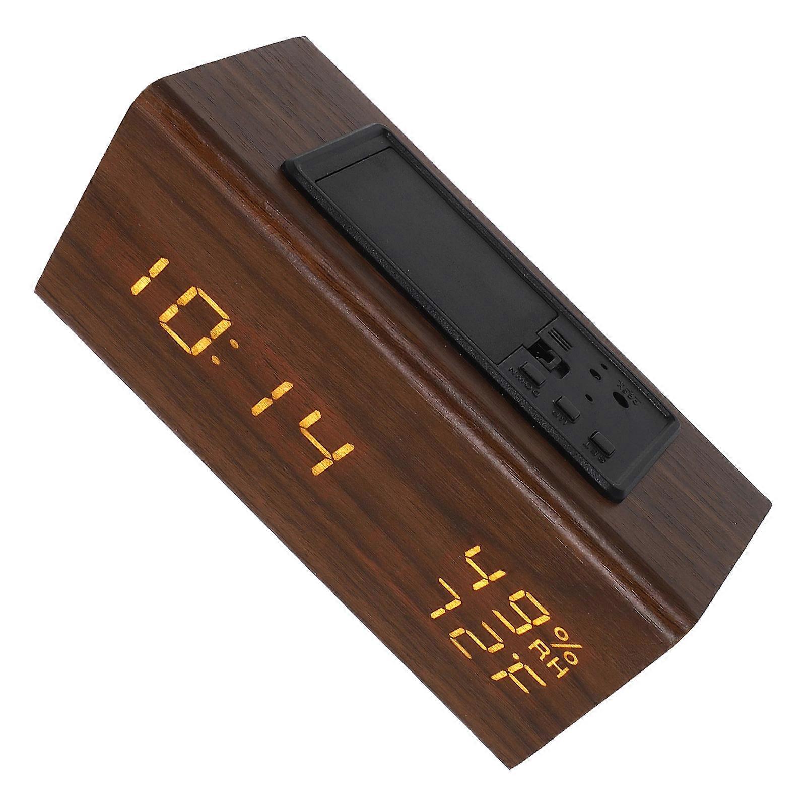 Here's a polished product description for a **Digital Alarm Clock with Brightness Control, Wooden LED Desk Clock with Temperature and Humidity