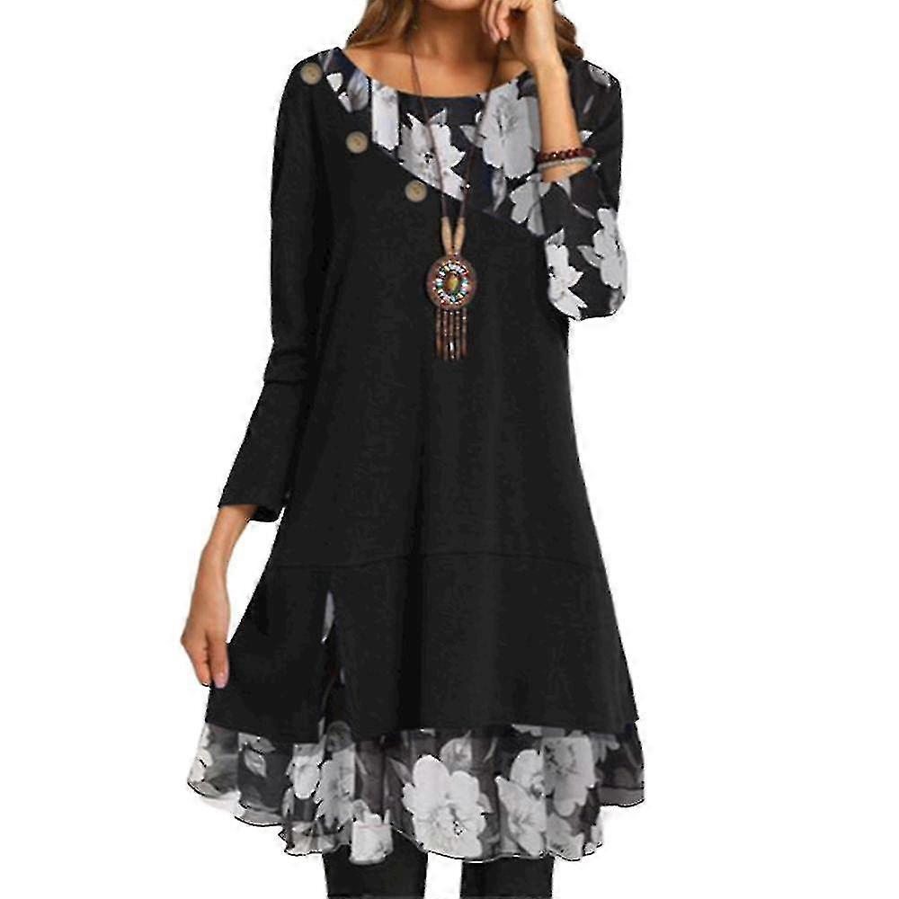 Women's Long-Sleeved Dresses, Bohemian Print Chiffon Splicing, Suitable for Multiple Seasons