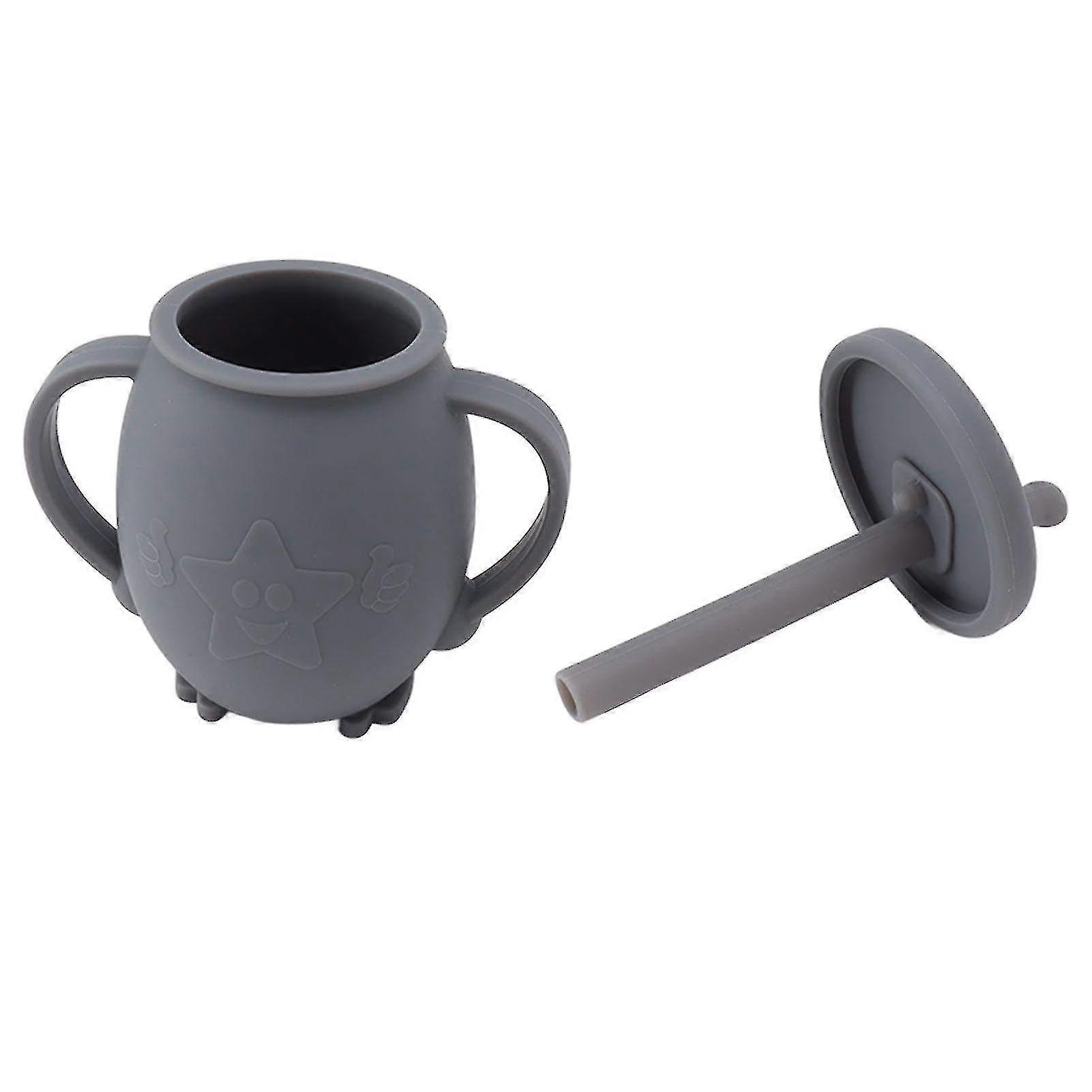 230ml Silicone Baby Cups with Straw Lid & Non-Slip Handles - Spill-Proof Drinking Cups for Babies & Toddlers in Dark Grey