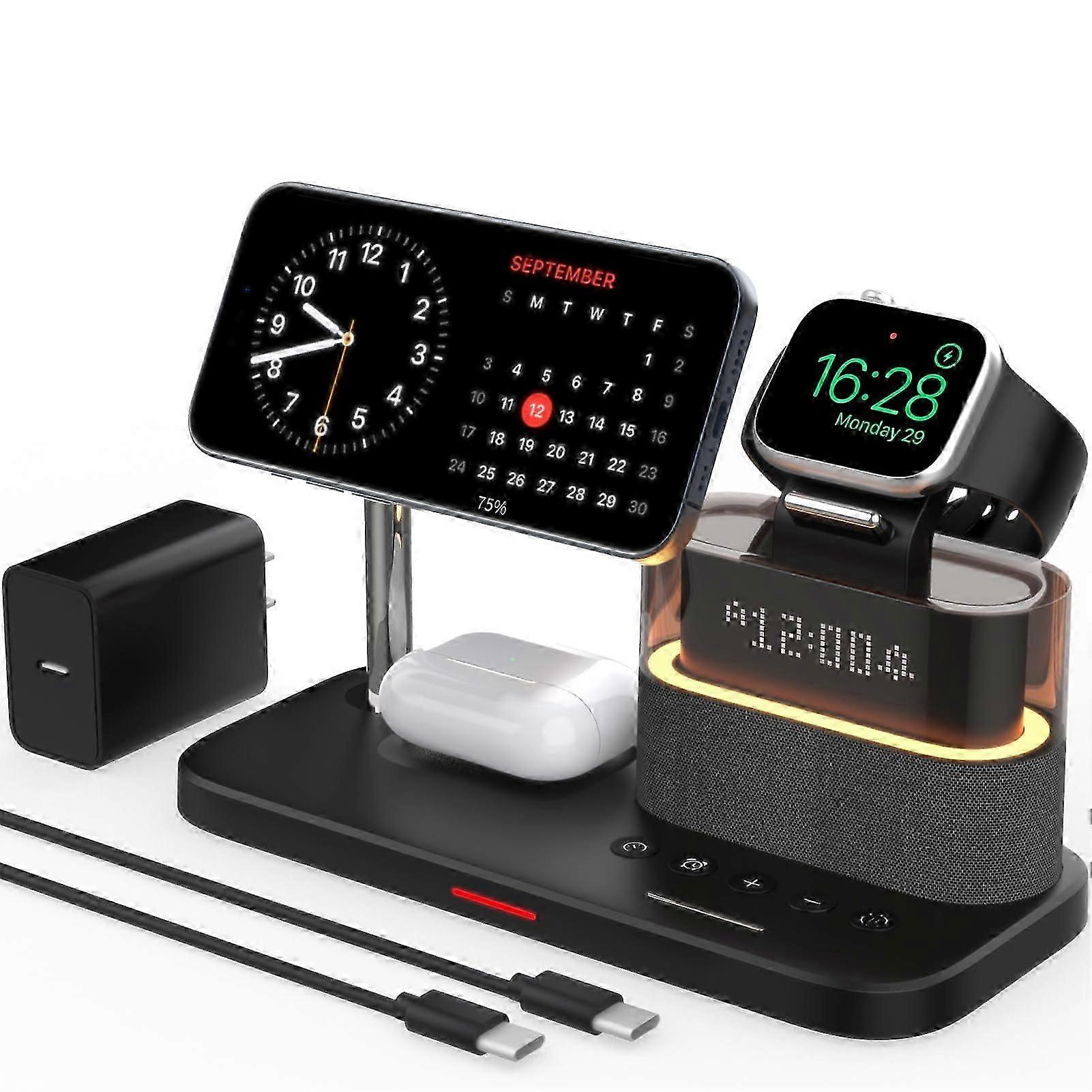 Alarm 5-time wireless charge device for Apple Multimedia Devices, iPhone 16/15/14/13/12, Apple Watch