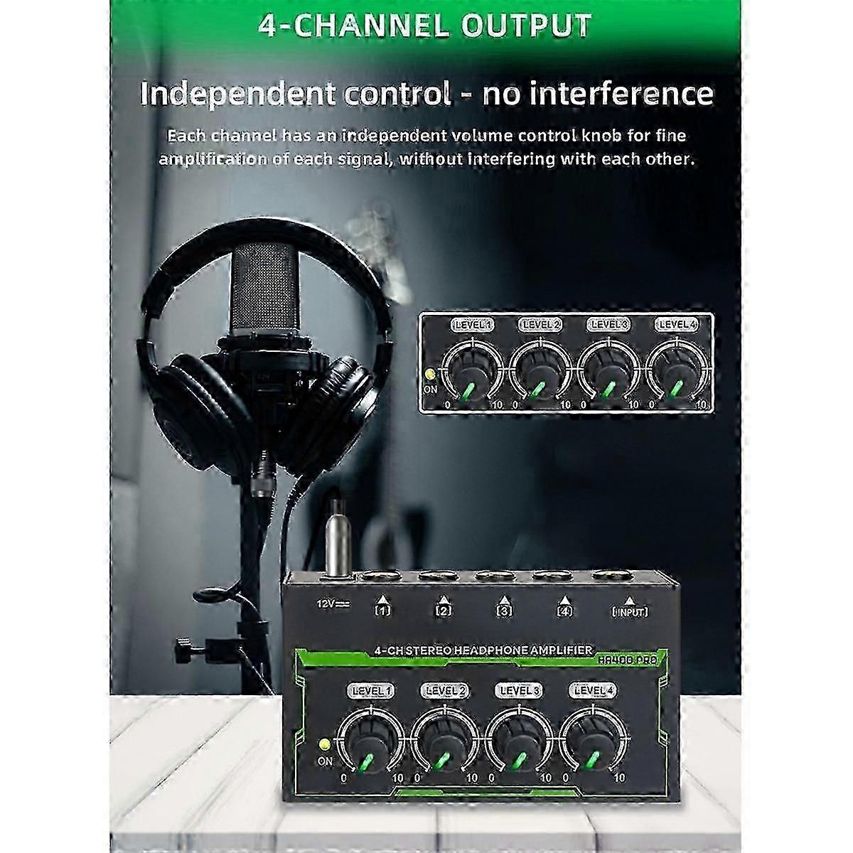 Headphone Amplifier 4 Channel Stereo Audio Amplifier Mini Headphone Splitter compatible with Live and Recording Studio EU Plug