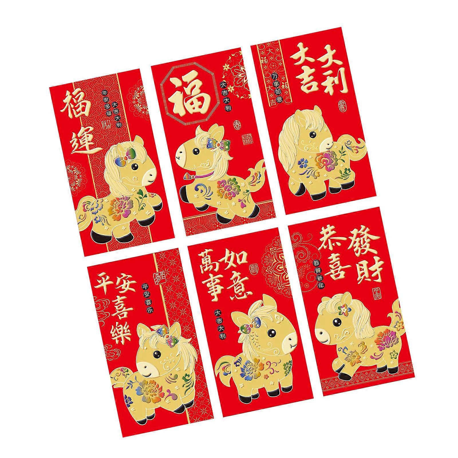 6 Elegant Golden Foils Embellished Red Packets Printeds With Greetings For Chinese New Year Gifts Multicolor