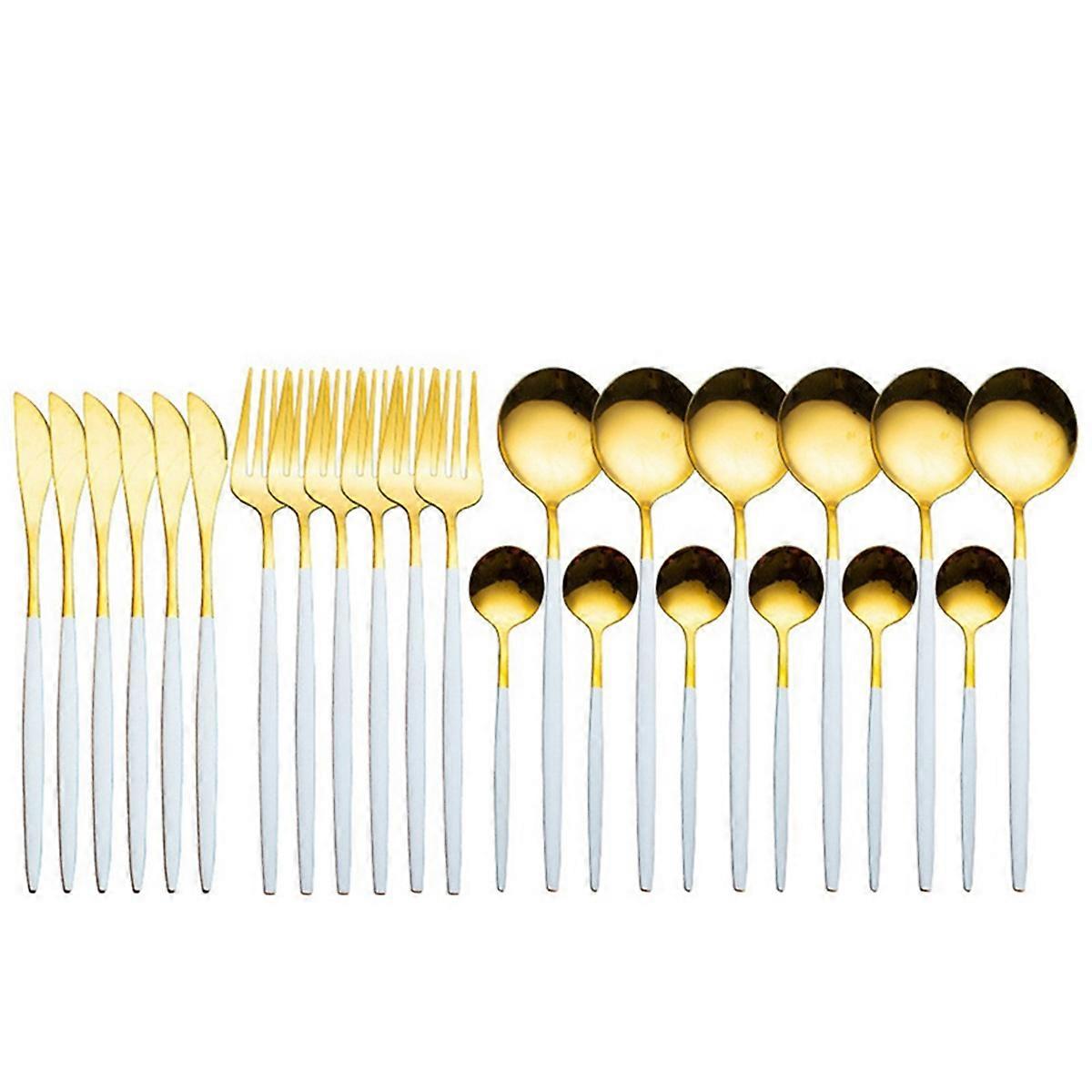24Pcs Stainless Steel Dinnerware Set Silverware Flatware,White-Gold