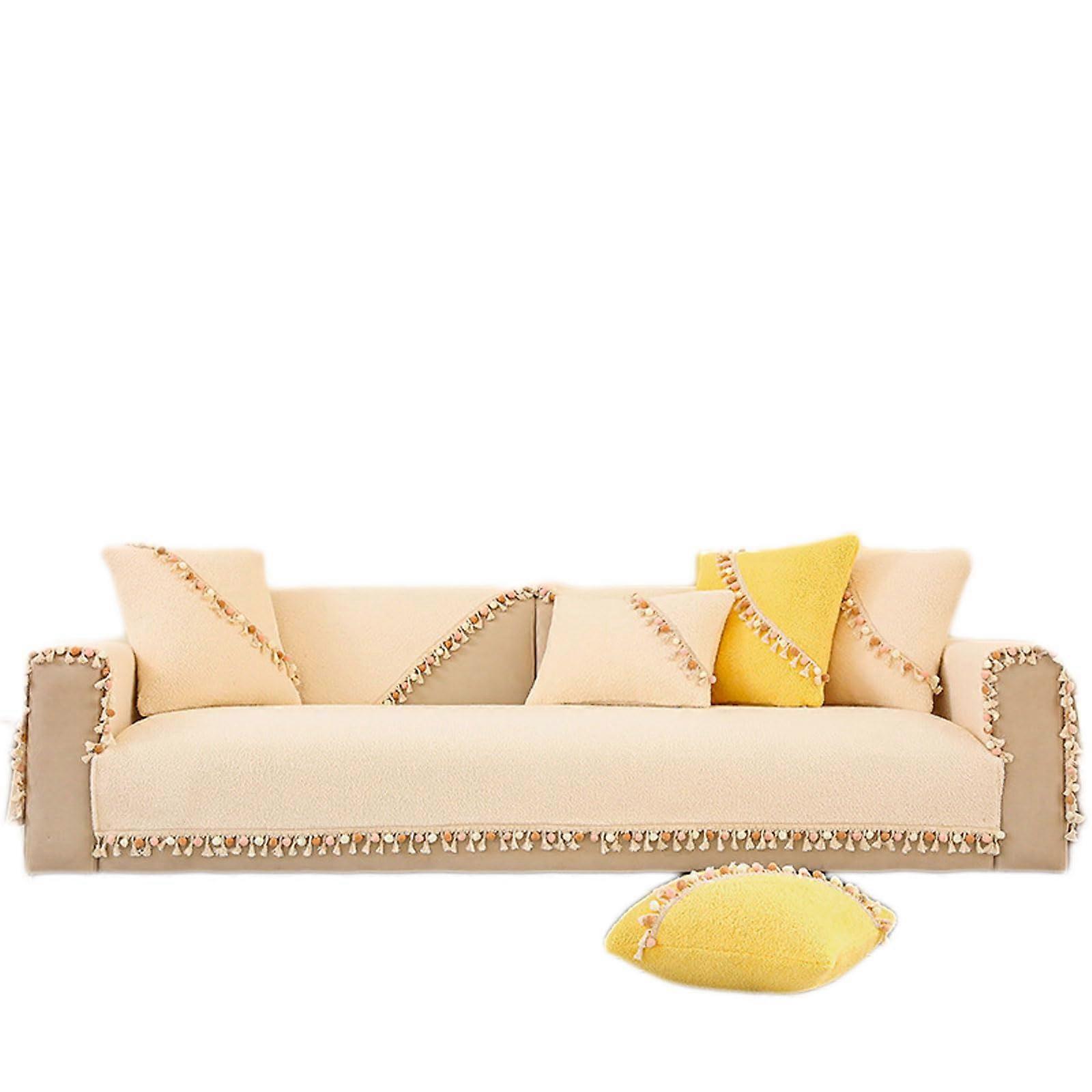 Sofa Cushion Solid Color Plush With Tassel Trim NonSlip Cover White 90x120 Cm