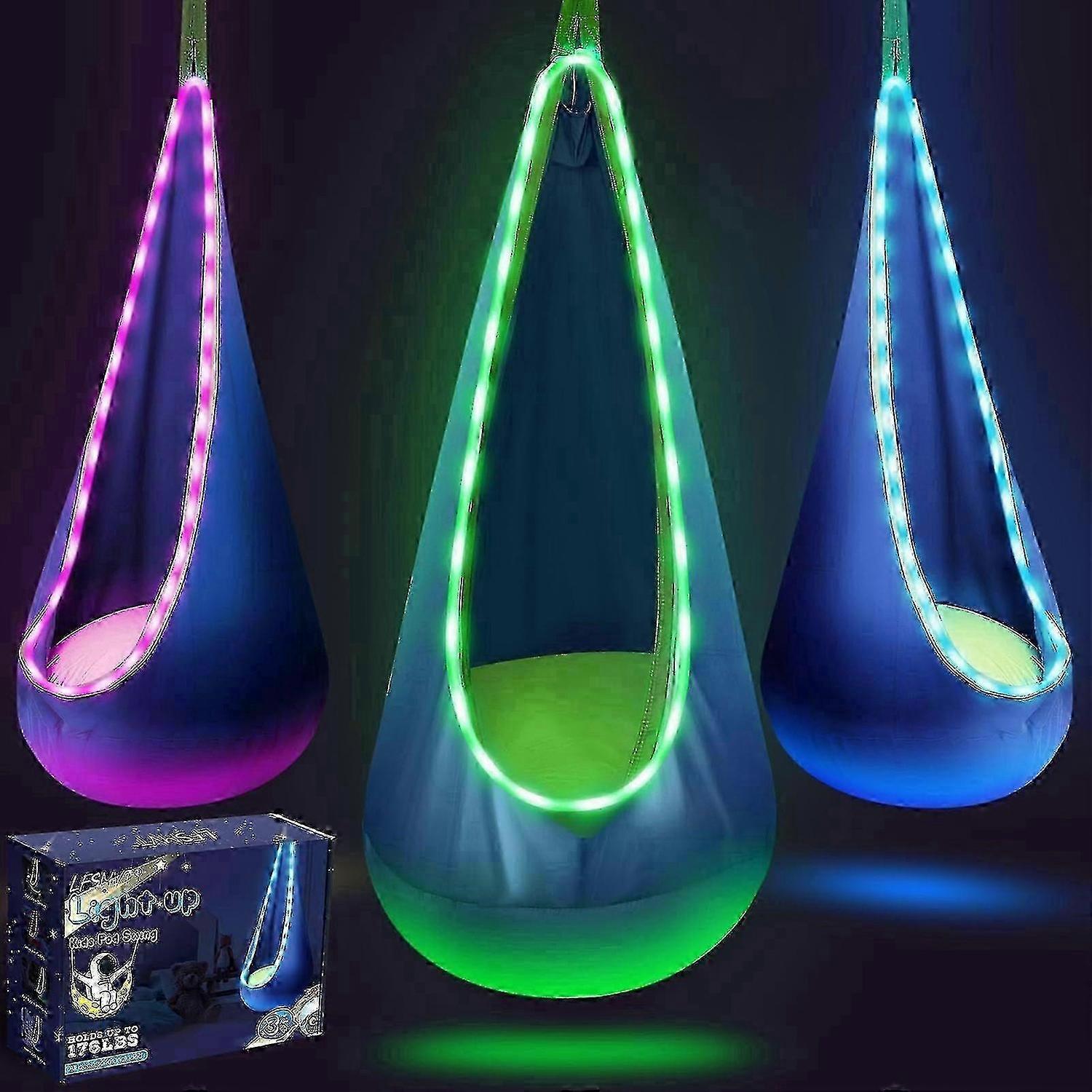 Light Up Kids Pod Swing Seat, Upgraded Hanging Hammock Swing with LED Lights, Cotton Pod Swing Chair (Blue)