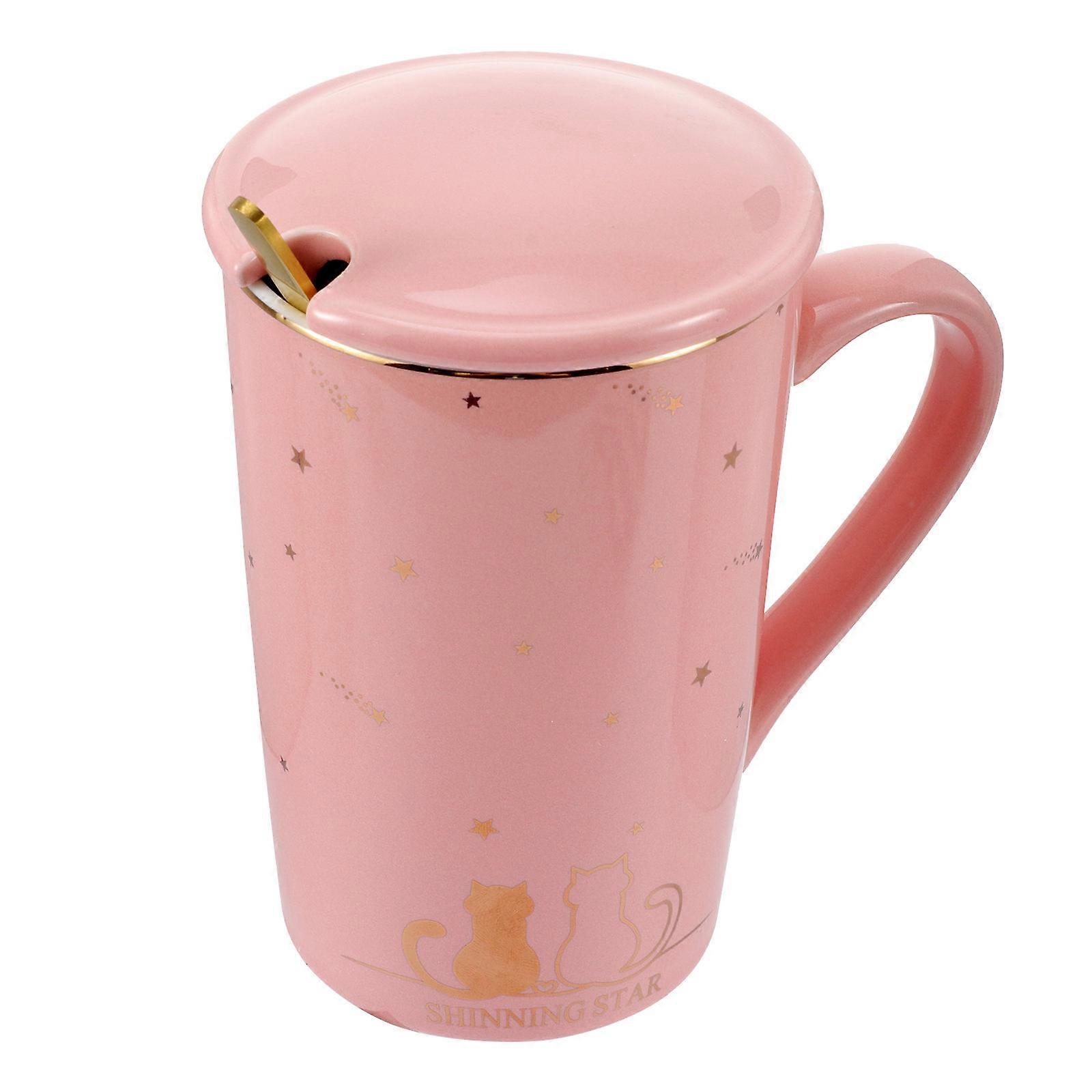 Ceramic Coffee Mug with Lid and Spoon for Home Use 2Sets Pink
