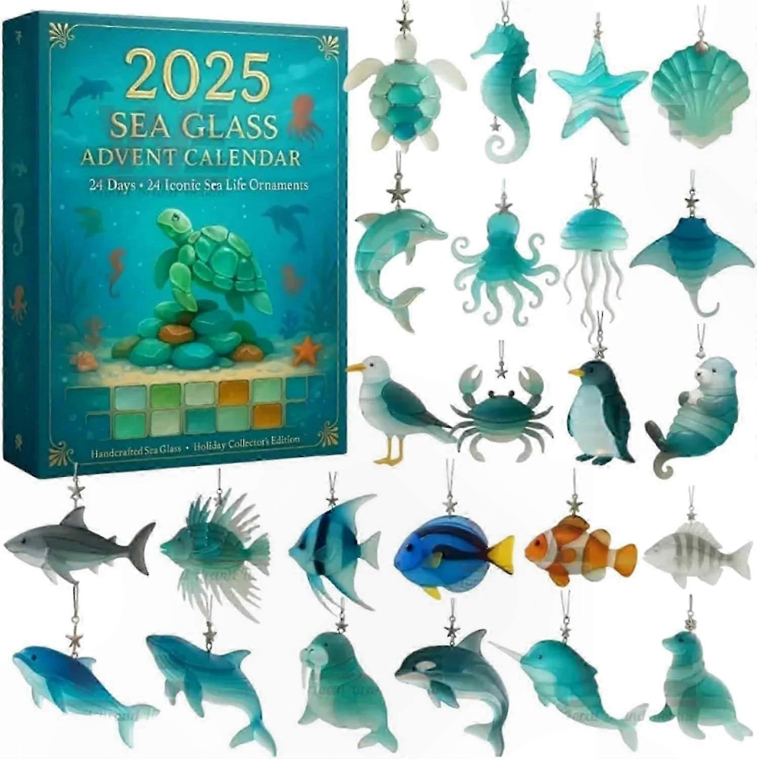 2025 Sea Glass Marine Life Advent Calendar, 24 Days Ocean Themed Christmas Countdown with 24 Realistic 2D Acrylic Ocean Animals