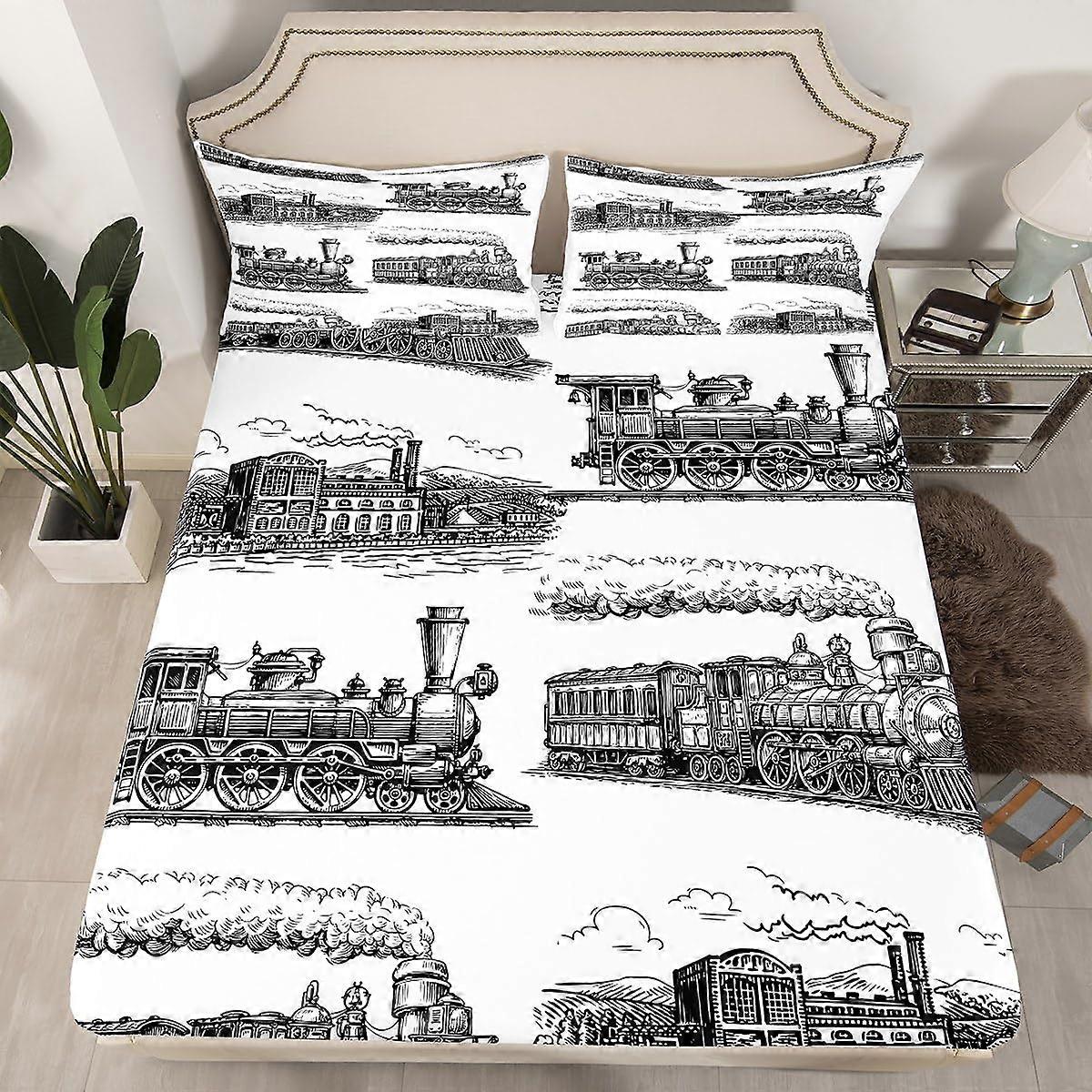 Train Fitted Sheet Double Size, Retro Steam Locomotive 3Piece Bed Cover Set, 2 Pillowcases, Soft Polyester, 53x79
