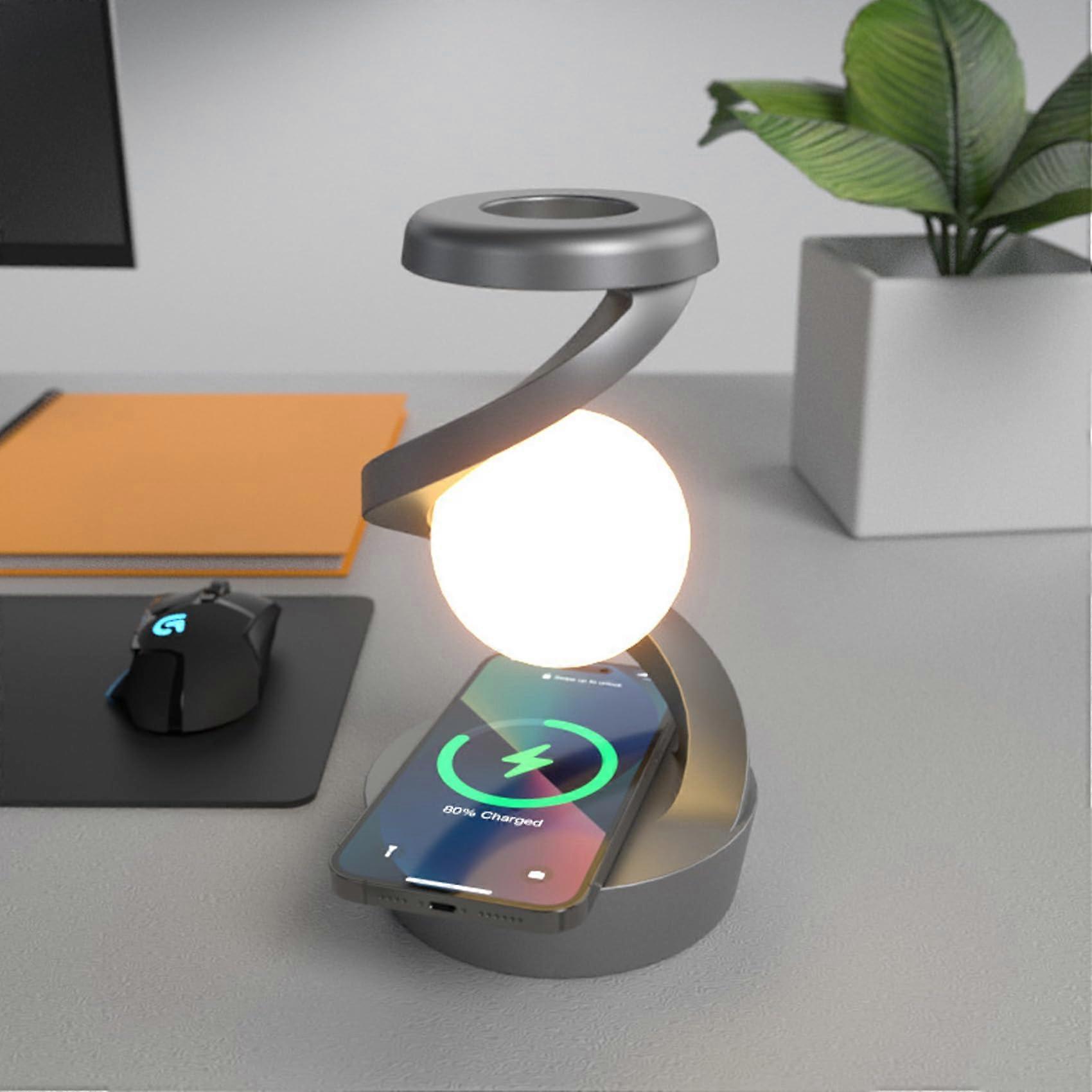 LED 360Degree Spiral Rotating Desk Lamp Wireless Charger Gray Cordless Rechargeable Multicolor LED Levitating Nightlight