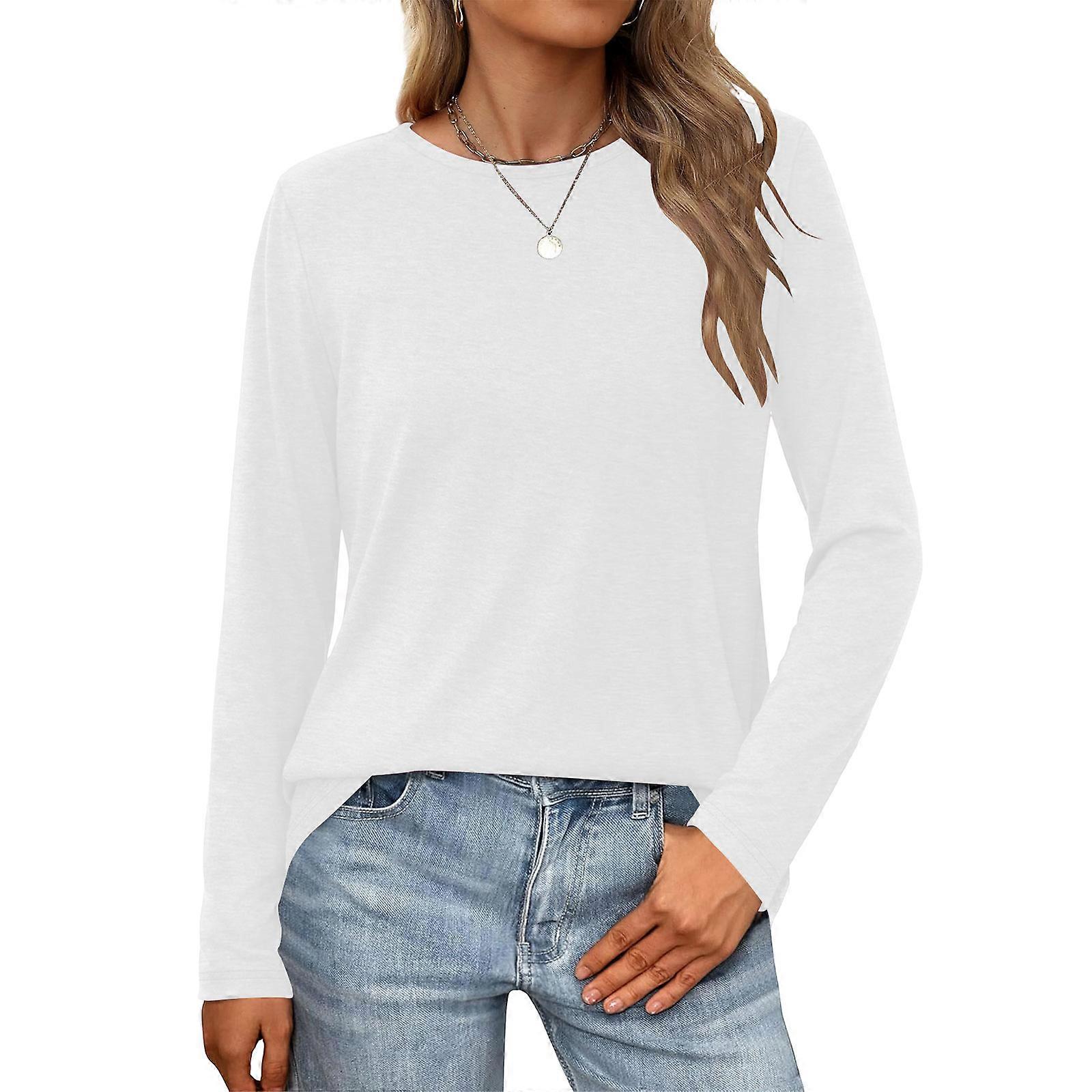 Women's long-sleeved shirt, casual round neck, basic autumn top, loose and comfortable  White XS