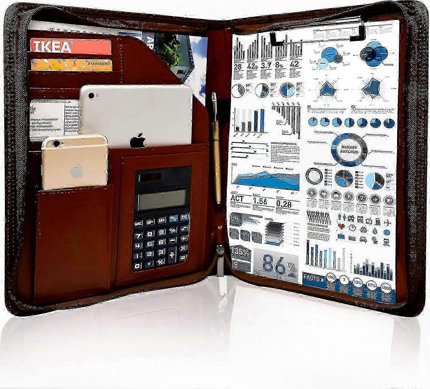 A4ブラウンPUレザージッパー式ポートフォリオビジネスドキュメント履歴書インタビュー法律書類クリップボード付き