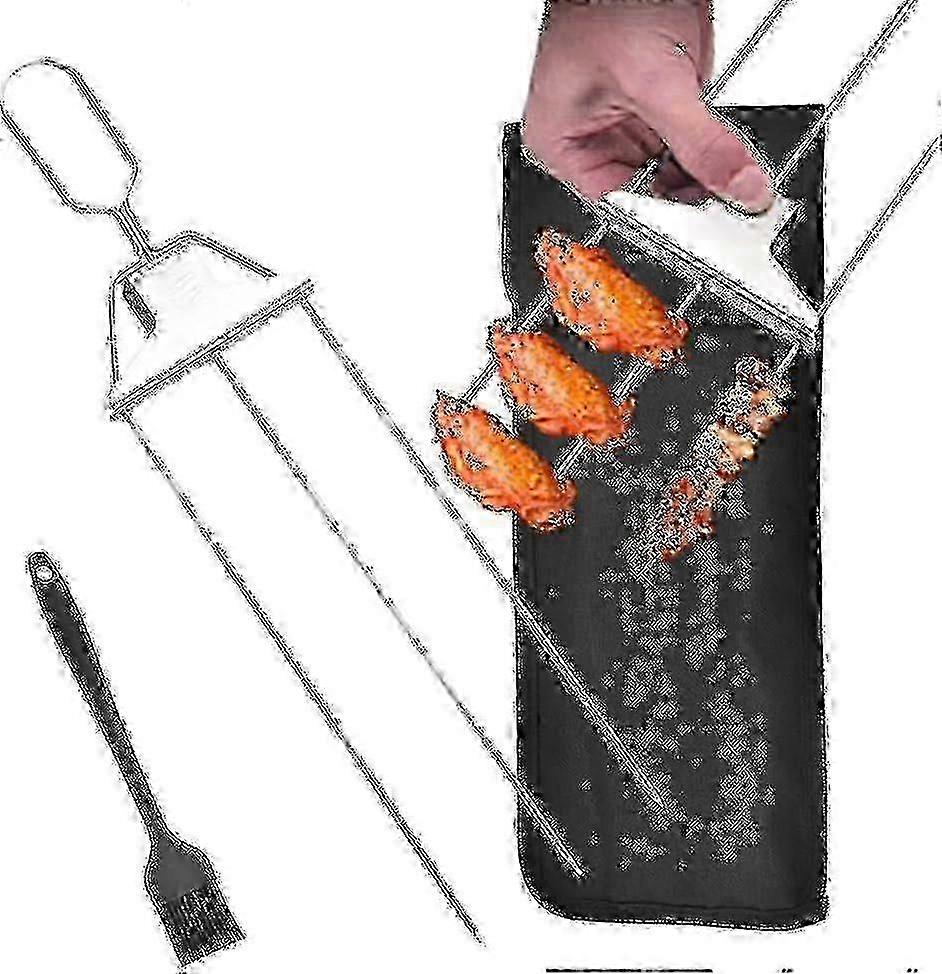 3 Way Grill Skewers 3 Prong Stainless Steel Skewers For Grilling Metal Grill Skewers Semi-automatic Grill Fork With Push Bar Slider