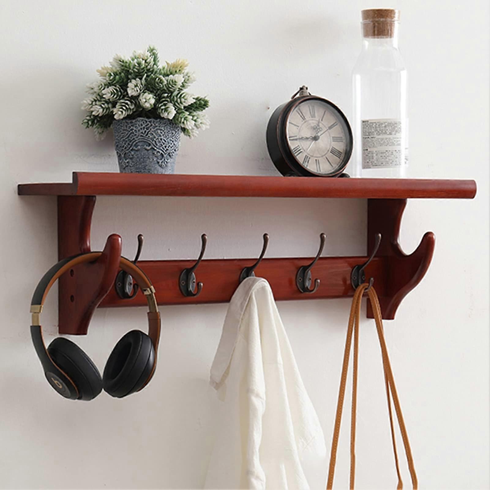 Rustic Wood Wall Shelf with Hooks for Entryway, Bathroom, Living Room Coat Rack with Storage