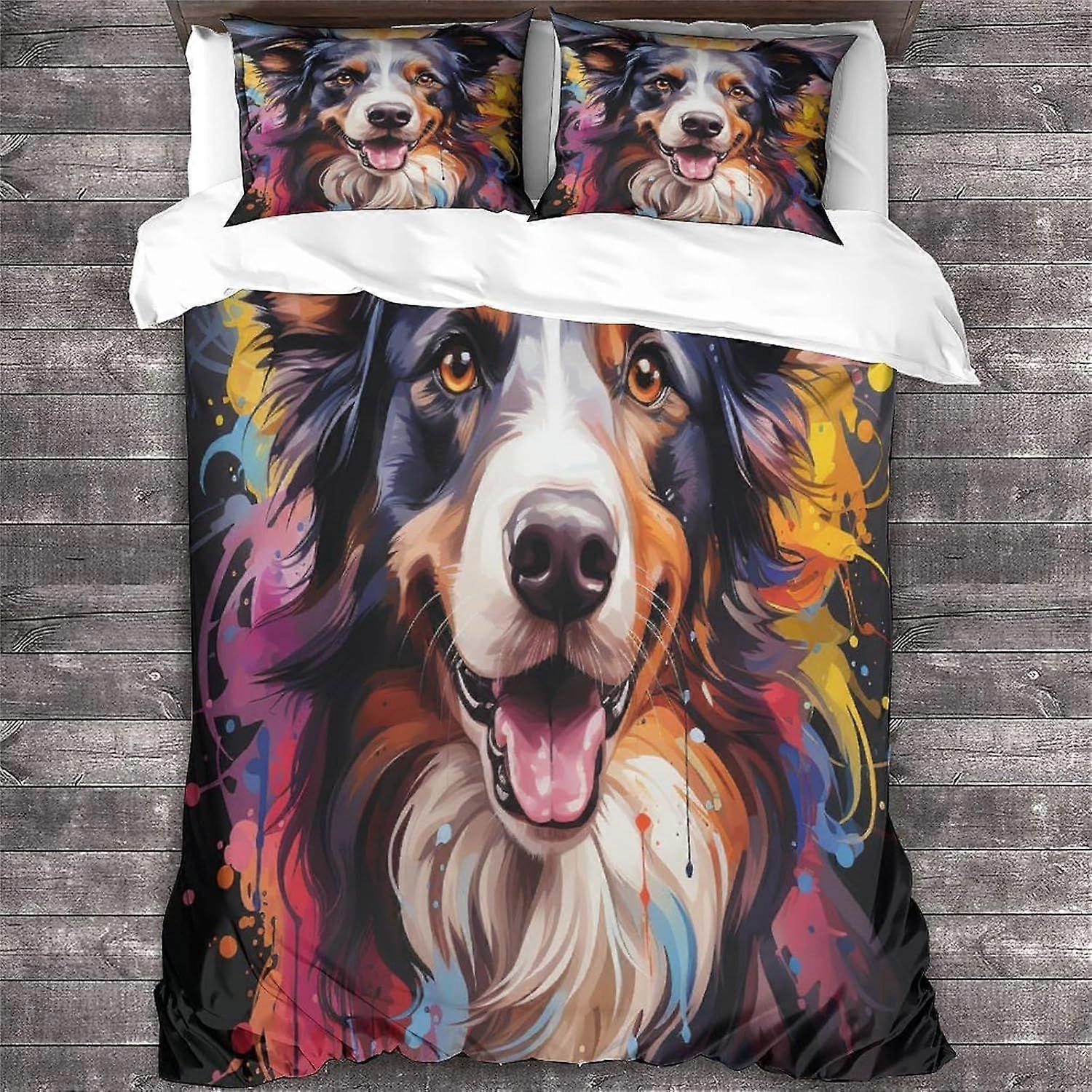Border Collie Påslakan Dubbel Djurmönstrad Sängkläder Set Mjuk Lätt Mikrofiber Hund Täcke Täcke Med Dragkedja Stängning Kung