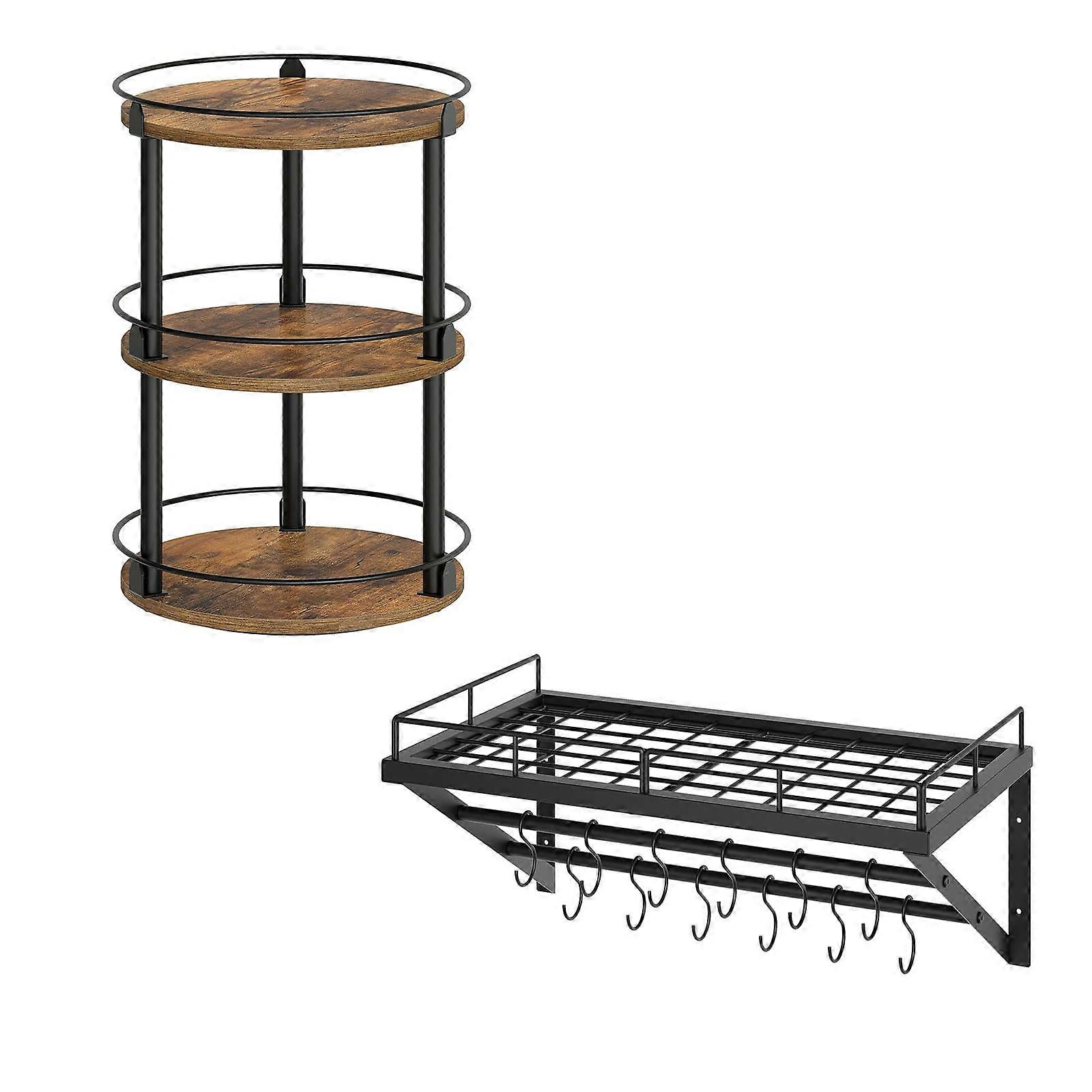 3Tier Lazy Susan Organizer with 360° Rotation, Wall Mounted Pot Rack with Hooks, HeavyDuty Iron Frame