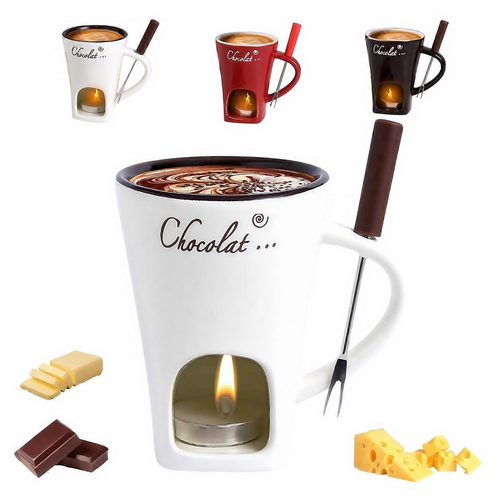 Chocolate Fondue Mug Set with Forks, Ceramic Melting Cup for Desserts, Date Night or Party Use White