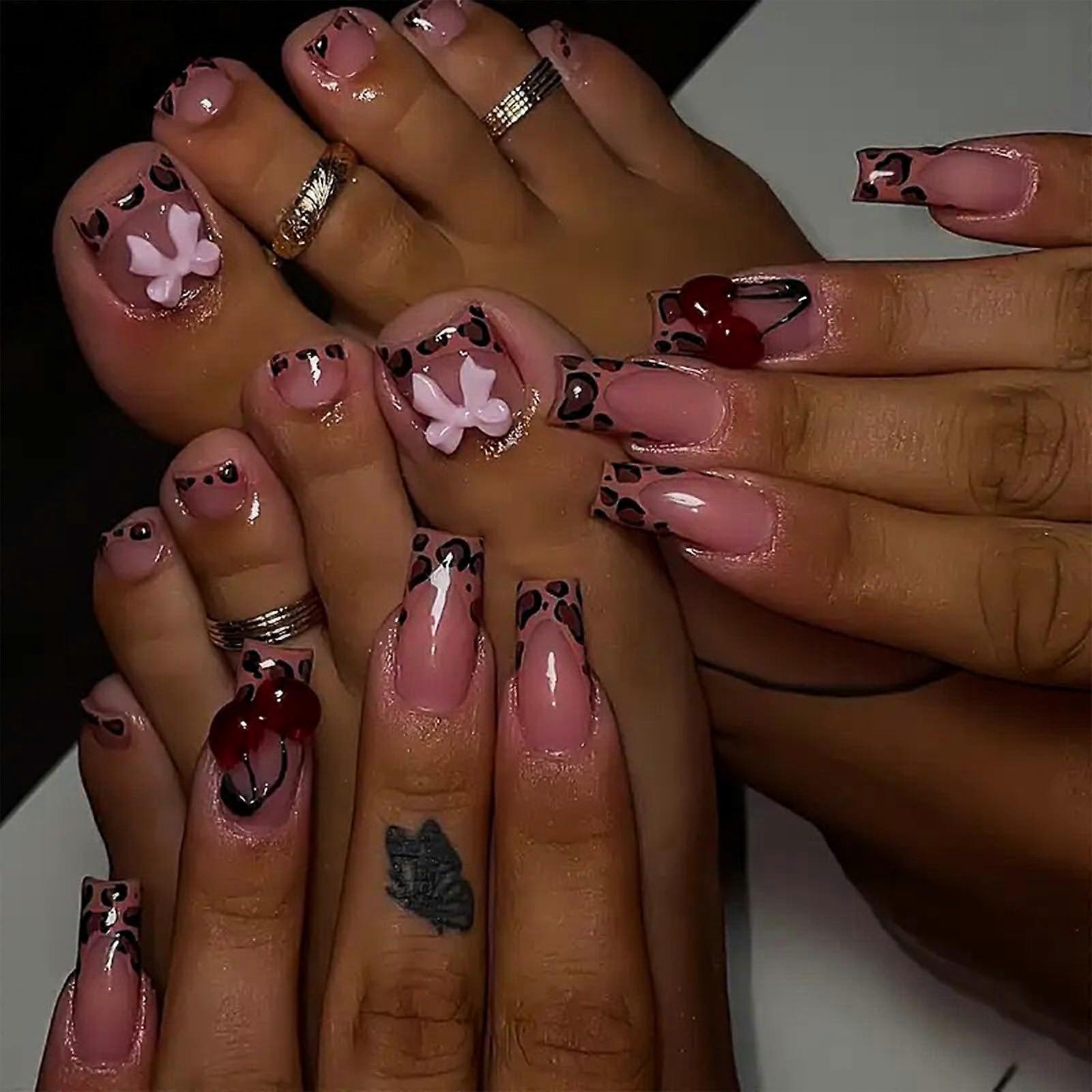 48Pcs Leopard Press On Nails and Toenails Set, French Tip Pink Fake Nails with 3D Bow, Reusable Kit