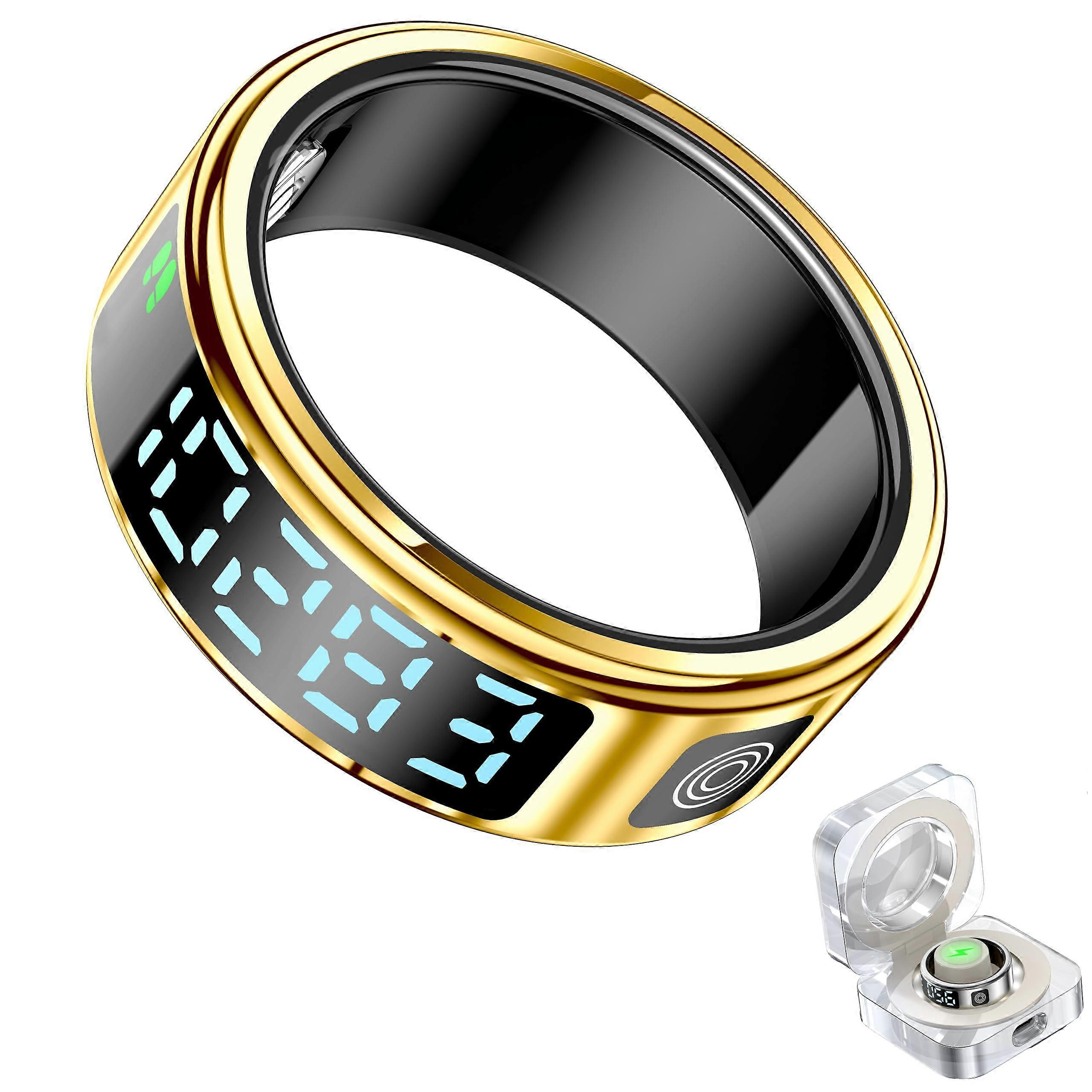 Smart Ring with LED Touch Display Heart Rate Sleep Tracking IP68 Waterproof Gold Size 8