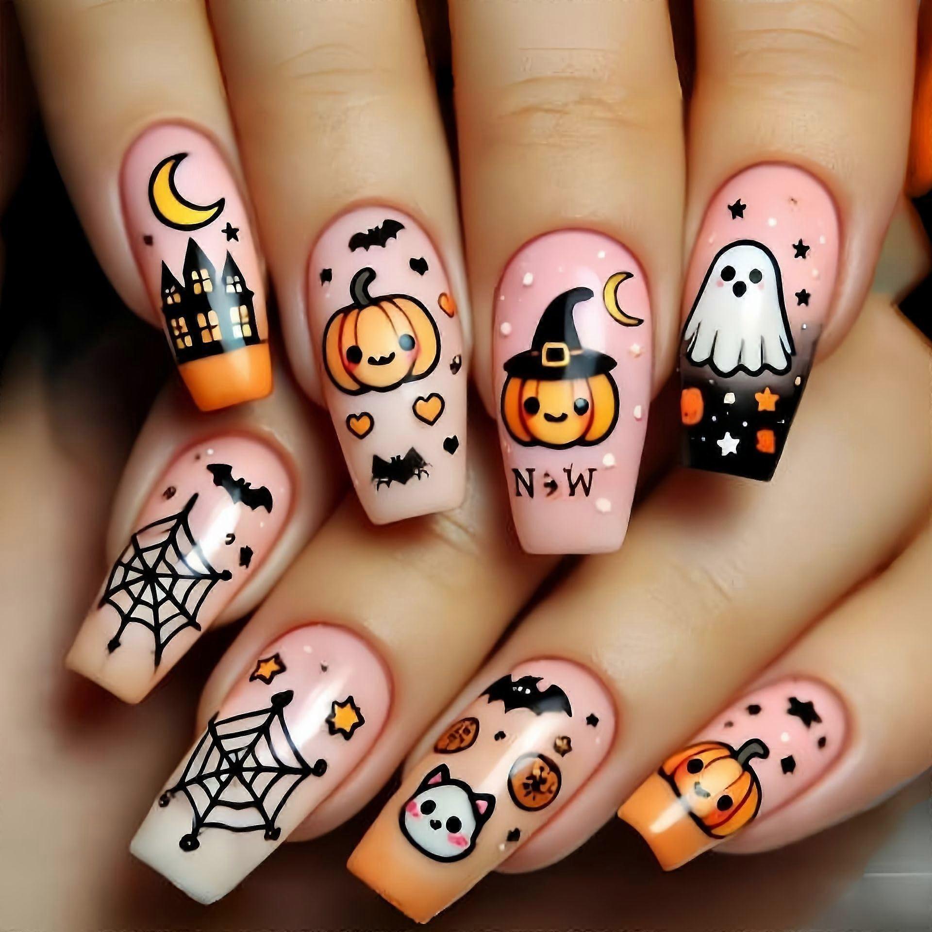 Halloween Press On Nails Set with Pink Pumpkin Skull Ghost Designs, Medium Ballet False Nails Kit