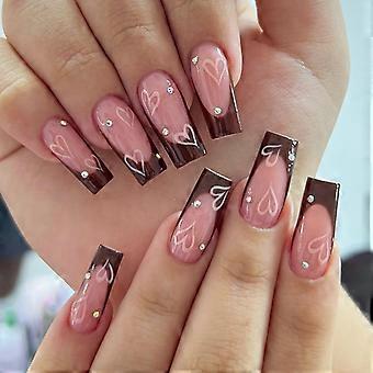 Medium Coffin French Tip Press on Nails Valentine Heart Rhinestones Reusable Acrylic Nail Set