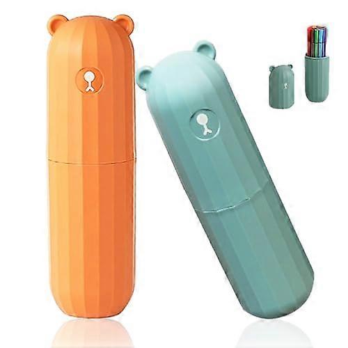 Travel Toothbrush Case Set Green and Orange with Cup Function, Compact Plastic Holder for Travel