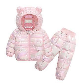 Conjunto de jaqueta e calça puffer para meninos e meninas, macacão de neve, casaco de inverno acolchoado, jaqueta leve de plumas, conjunto de casaco pesado rosa.