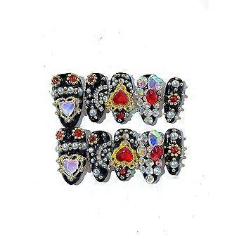 Black Press On Nails Gothic Luxury Stiletto Set with Red Gem Hearts Pearls Rhinestones, Short Reusable Design