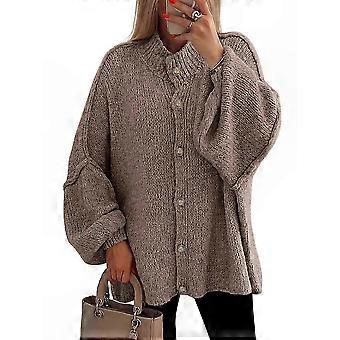 Women's Winter Button-Up Cardigan with Mock Neck and Lantern Sleeves Chunky Knit Jacket Outerwear in White Large