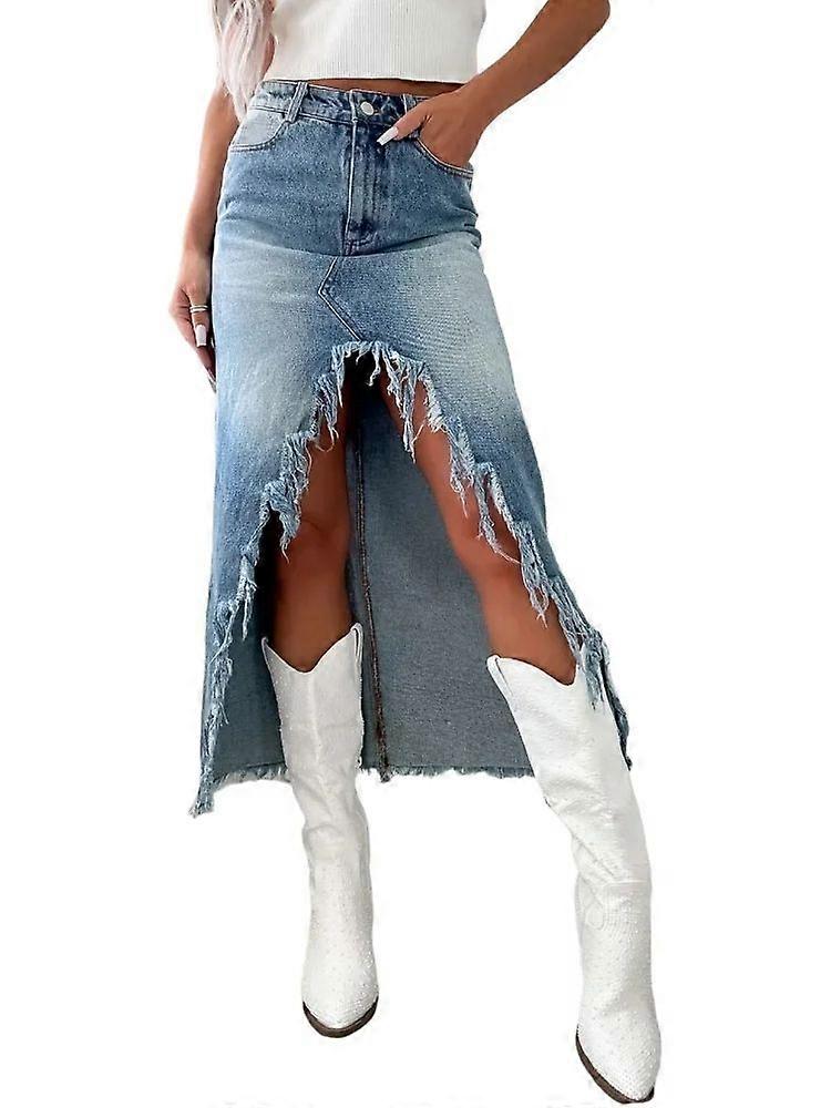 Retro slim fit spijkerrok met split/franjes
