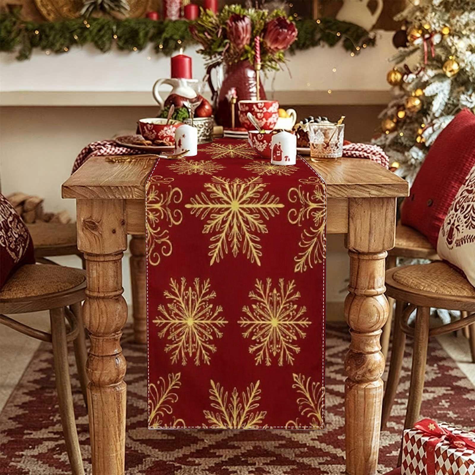 Red Table Runner with Gold Snowflake Pattern, Festive Winter Holiday Dining Table Decor, Elegant Christmas Runner
