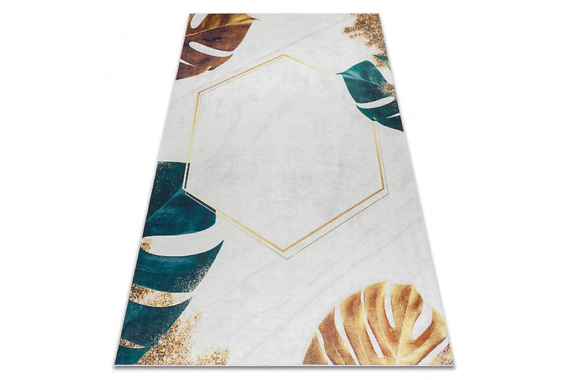 ANDRE 1150洗濯カーペットモンステラの葉、六角形滑り止め - ホワイト/ゴールド