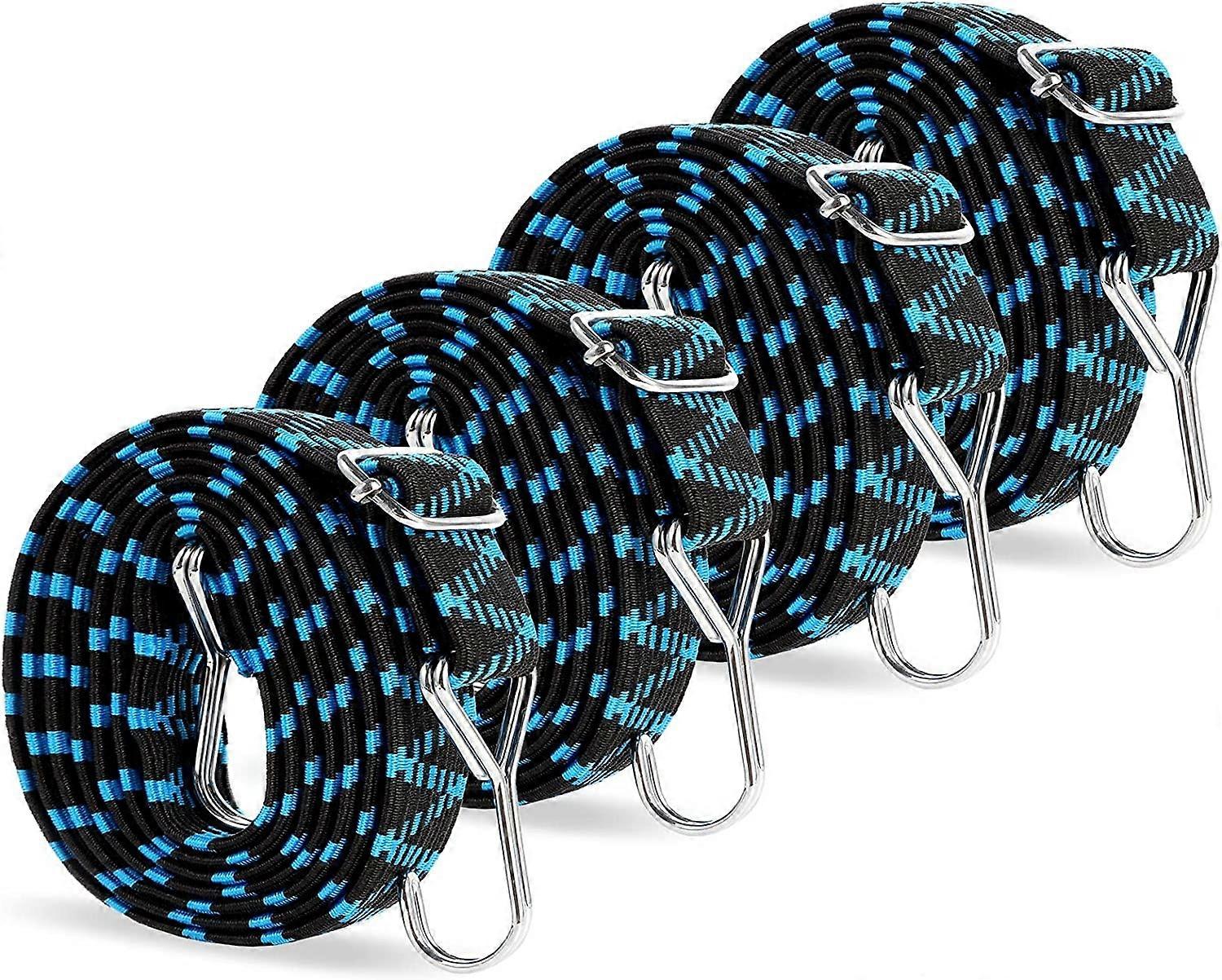 4pcs Flat Elastic Bungee Cords with Hooks 2M*3cm, Adjustable Bungee Cord with Metal Hook Black Blue