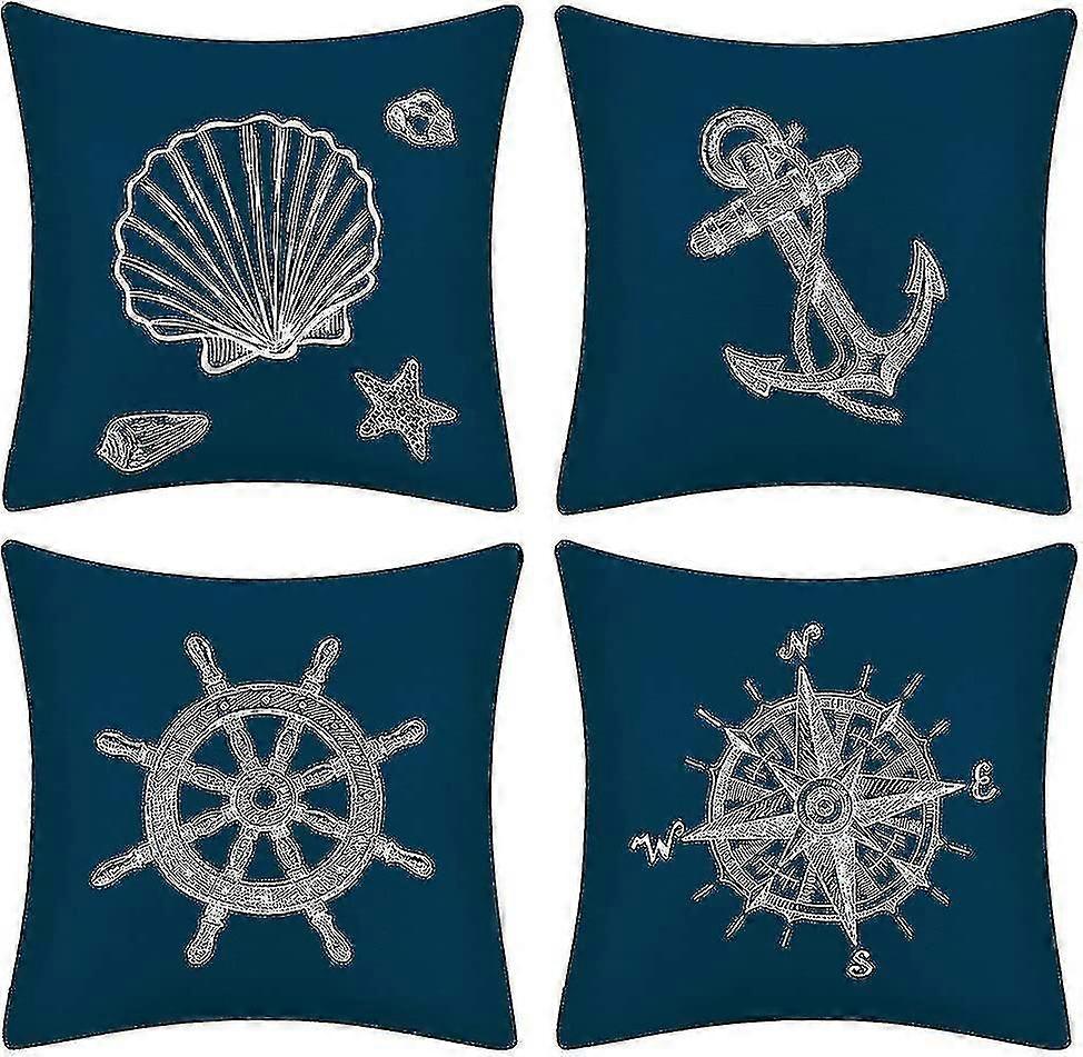 Set Of 4 Navigation Marine Decorative Sofa Cushion Cover Geometric Pattern(45 X 45 Cm)